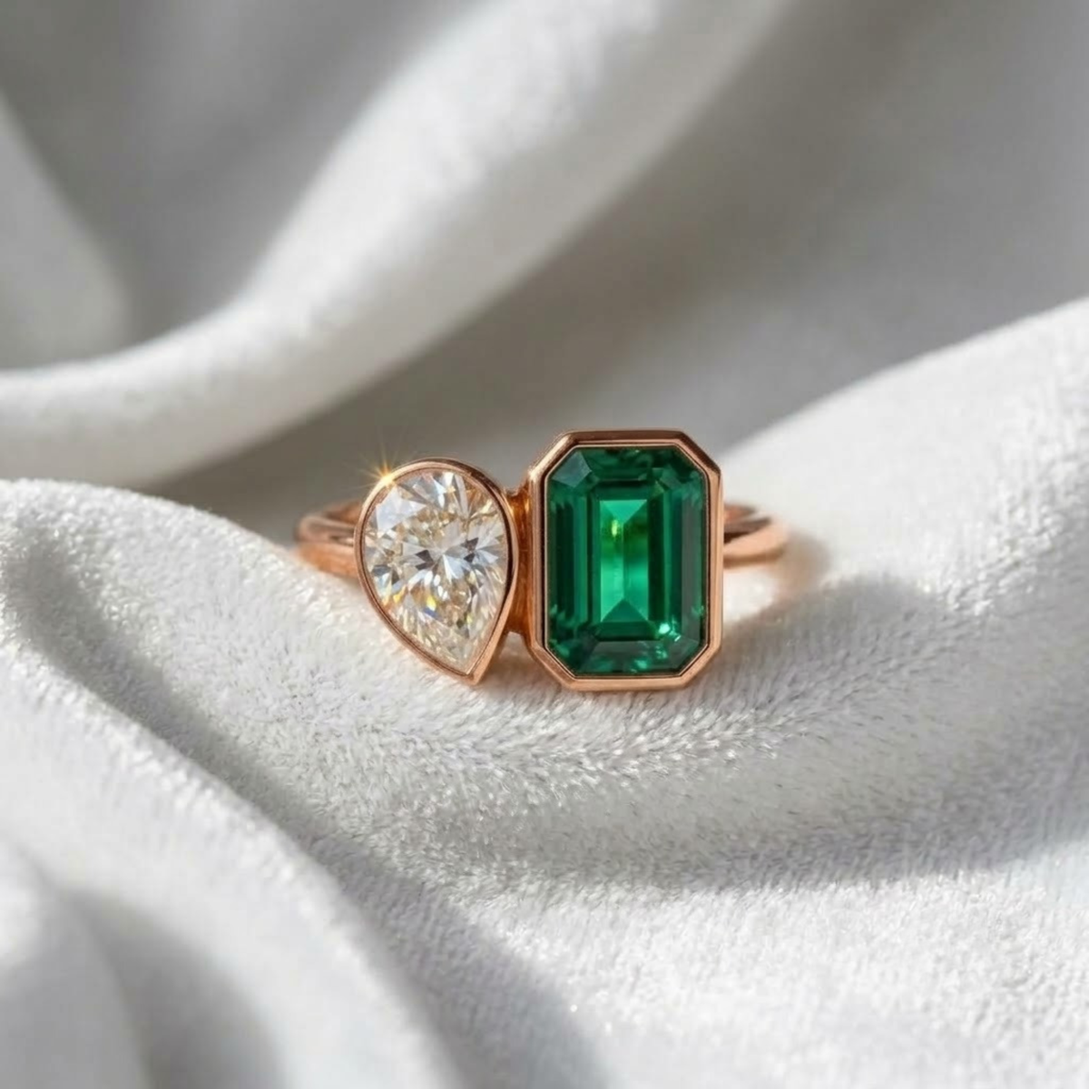 Bezel Set Lab Grown Pear & Emerald Engagement Ring