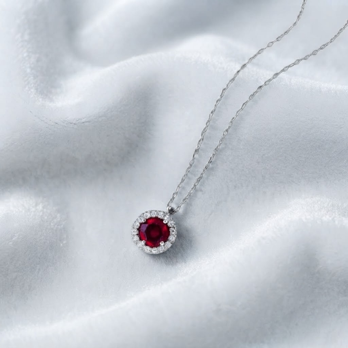 Solid Gold Diamond Ruby Halo Necklace for Women