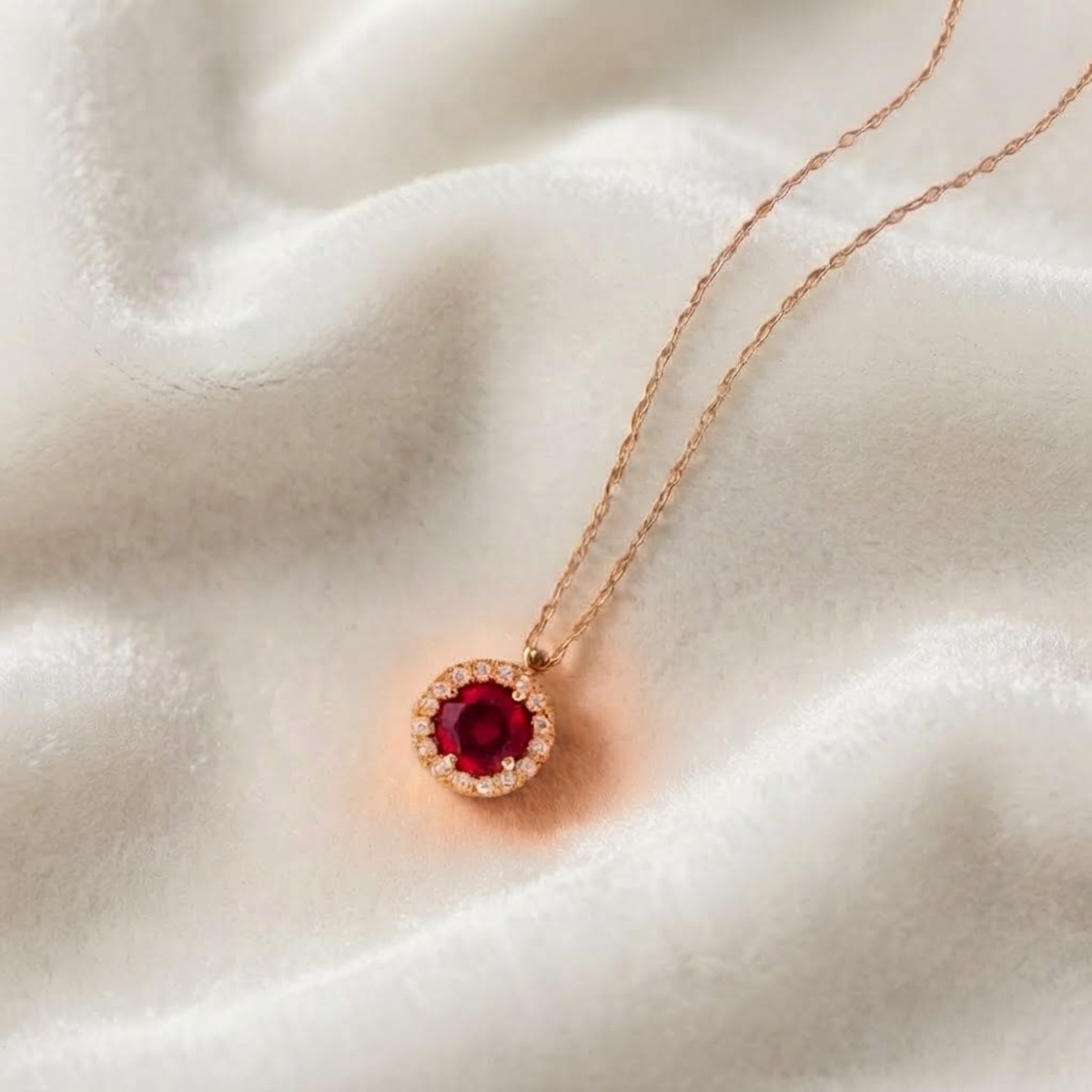 Solid Gold Diamond Ruby Halo Necklace for Women