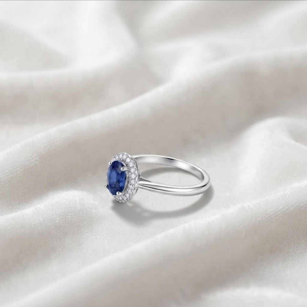 Blue Sapphire With Lab Grown Diamond Double Halo Ring