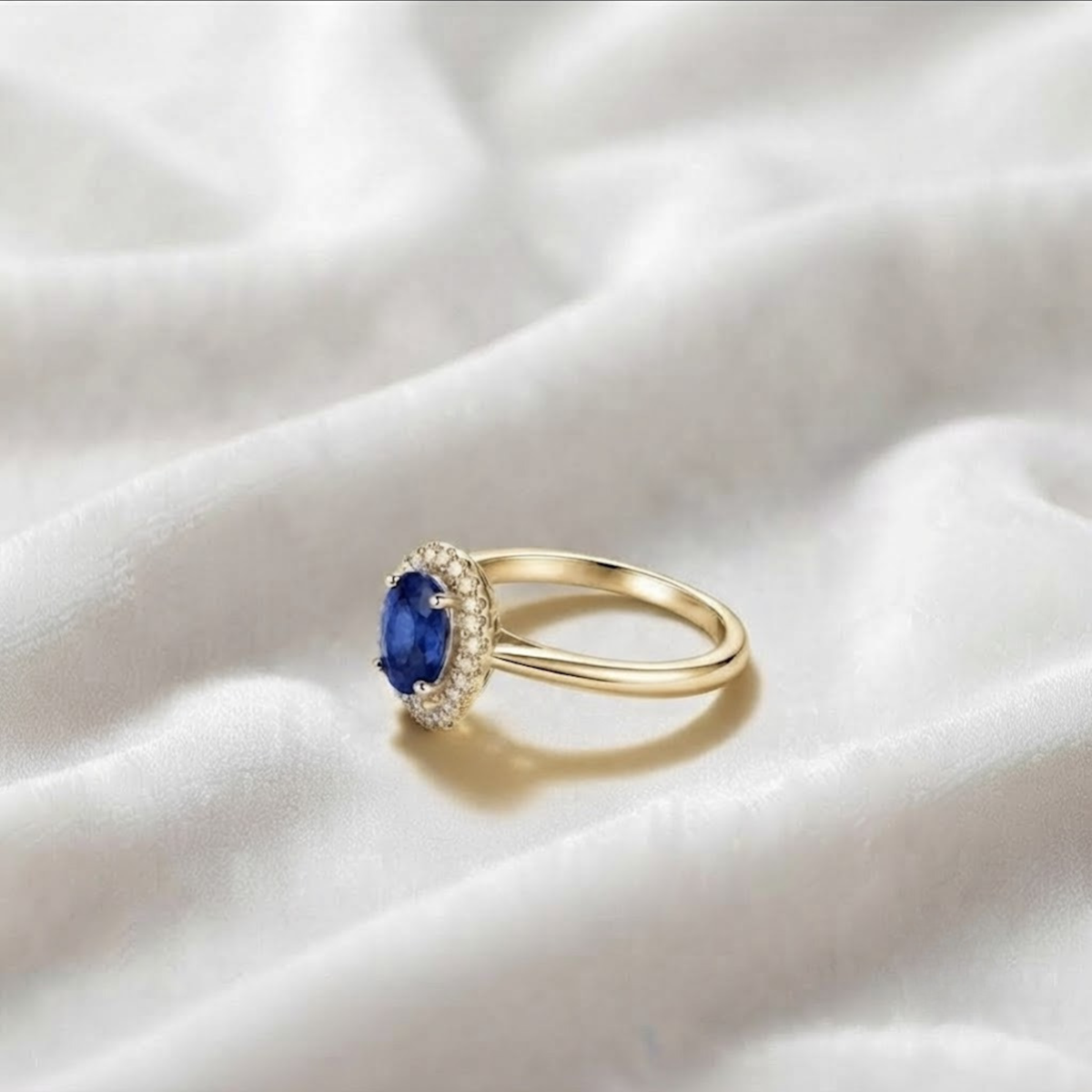 Blue Sapphire With Lab Grown Diamond Double Halo Ring