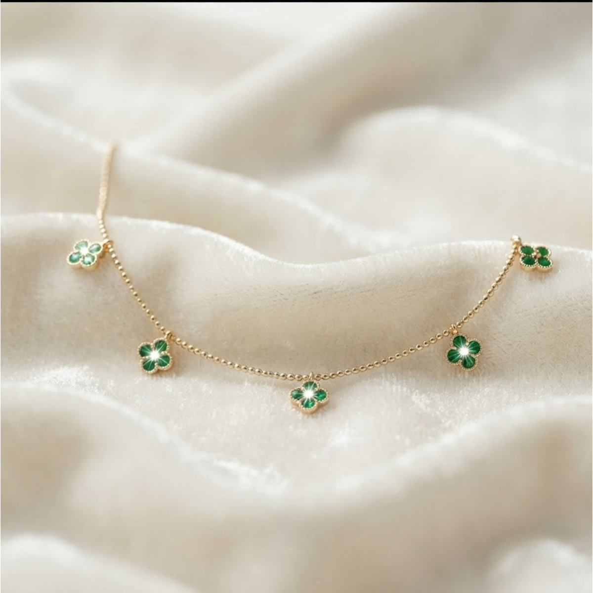 Gold Clover Necklace with Emerald Station Charm Pendant