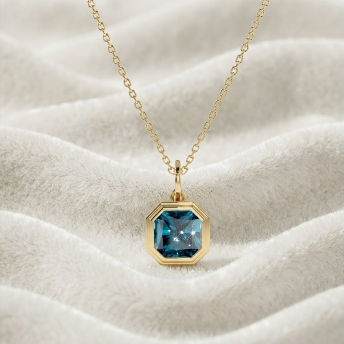 Asscher Cut Bezel Set Pendant Blue Topaz Necklace