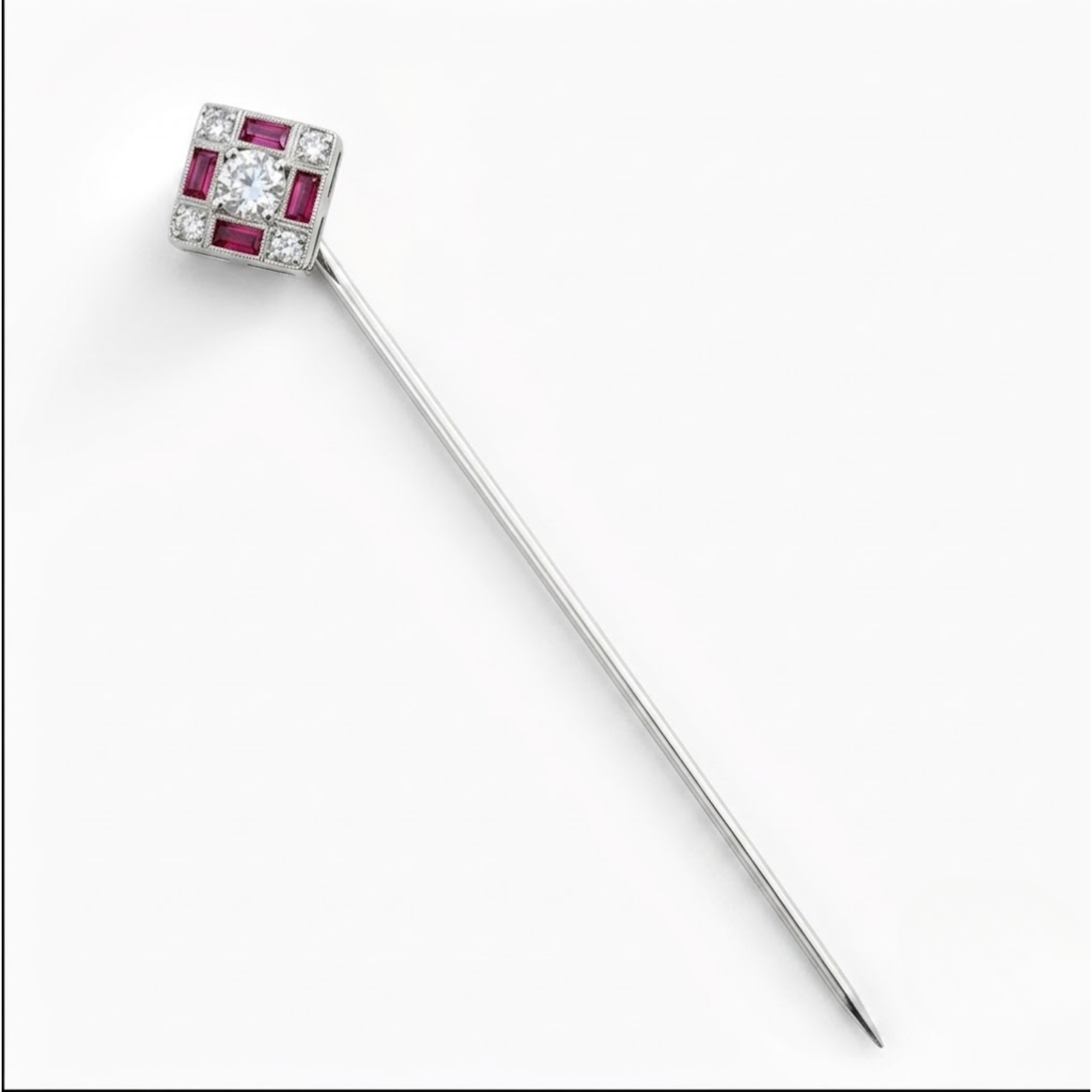 Baguette Cut Gemstones Vintage Ruby and Diamond Brooch