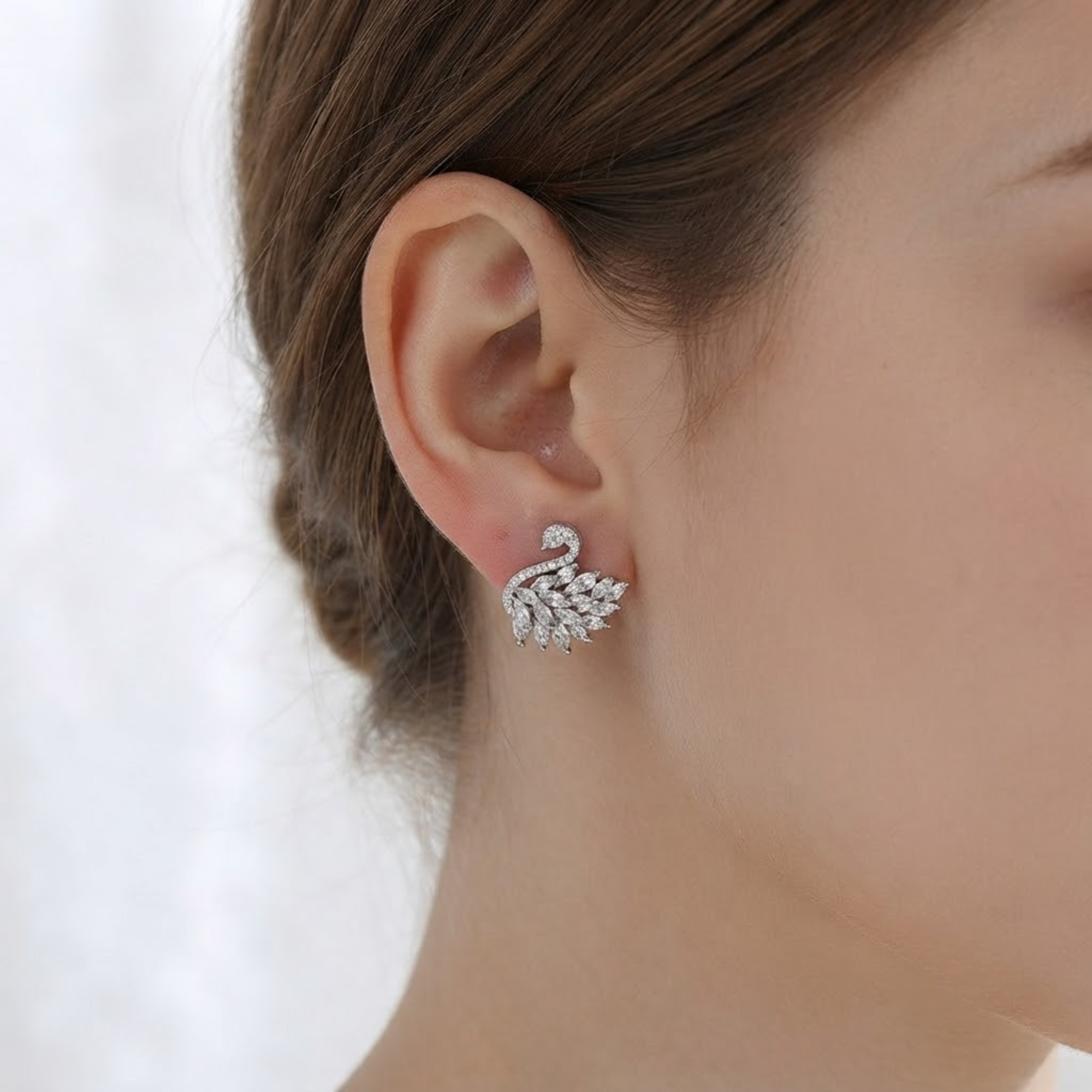 Marquise Diamond Swan Stud Earrings, 14K Solid Gold Statement Earrings