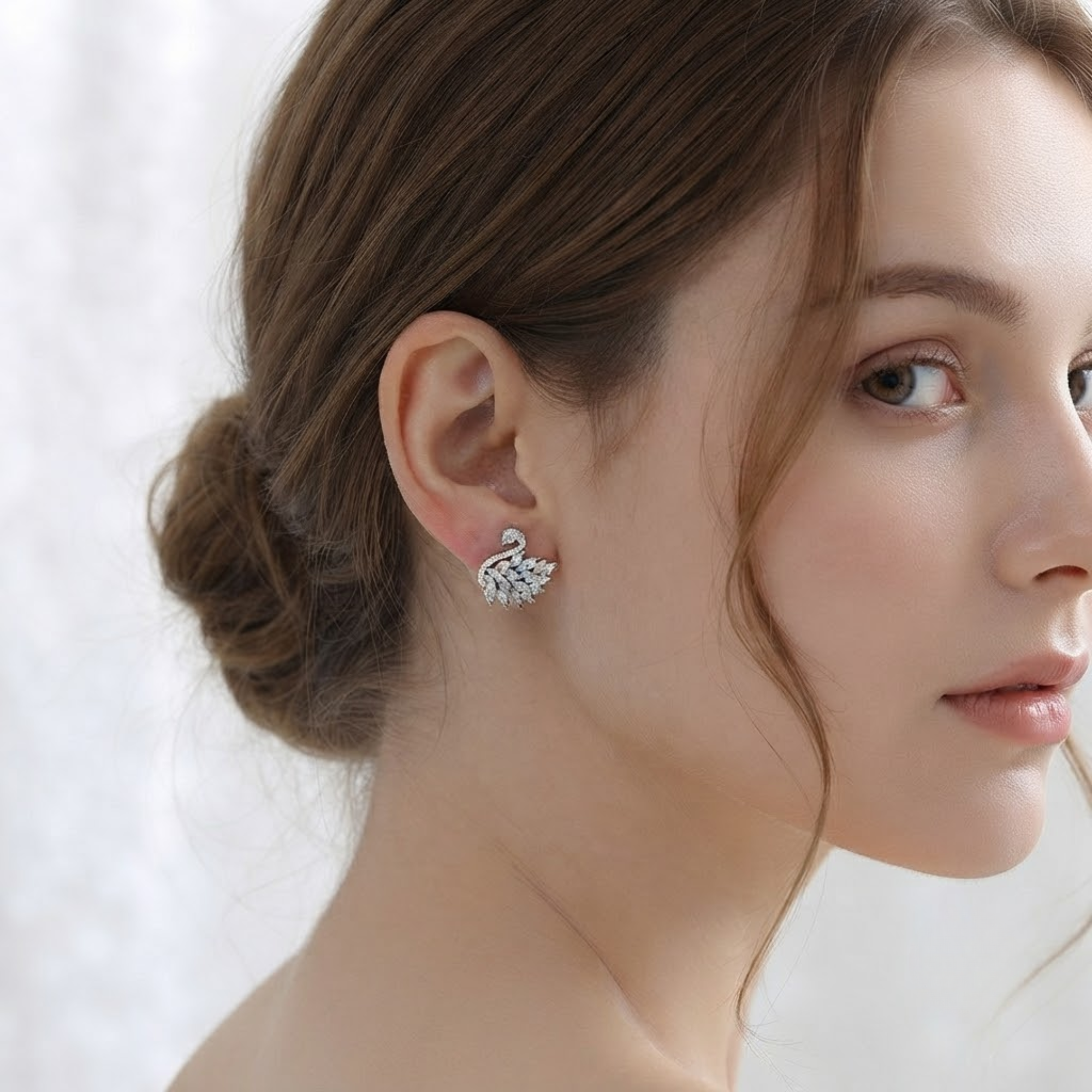 Marquise Diamond Swan Stud Earrings, 14K Solid Gold Statement Earrings