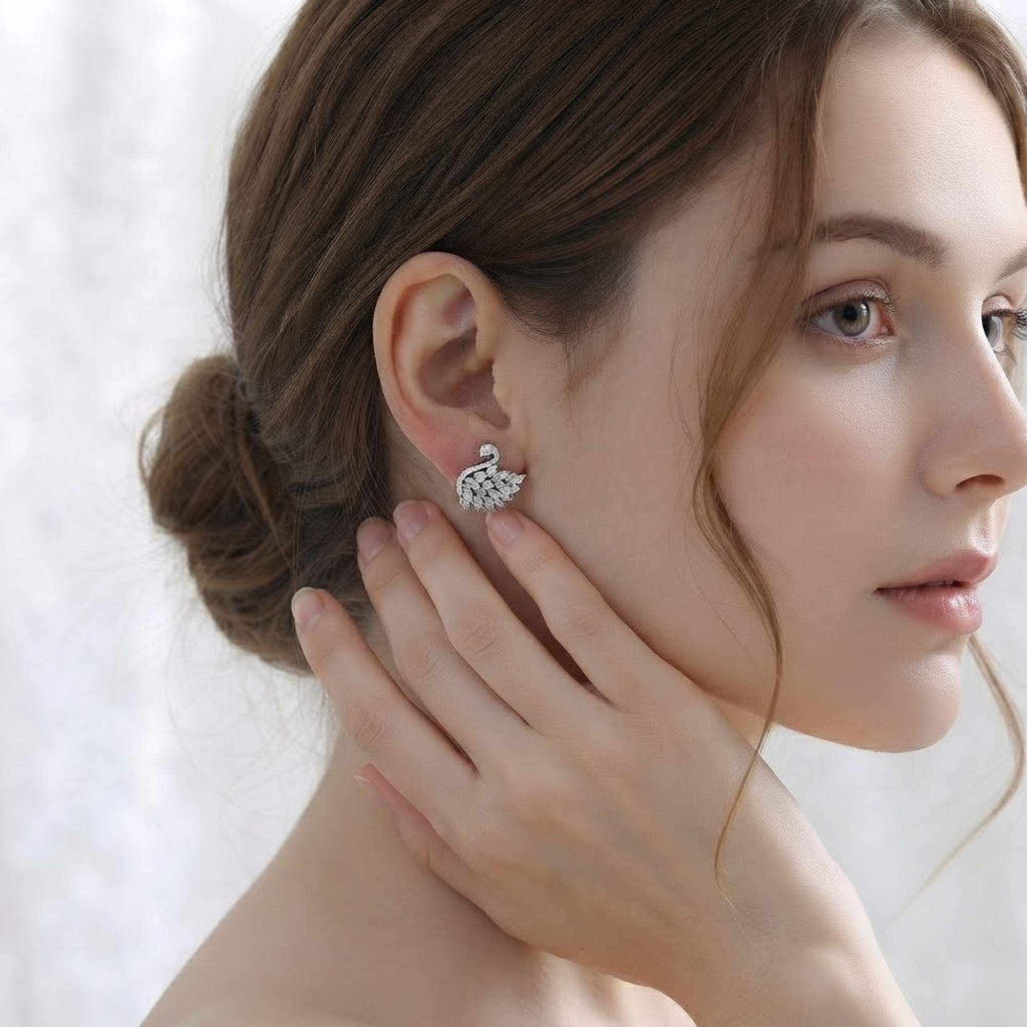 Marquise Diamond Swan Stud Earrings, 14K Solid Gold Statement Earrings