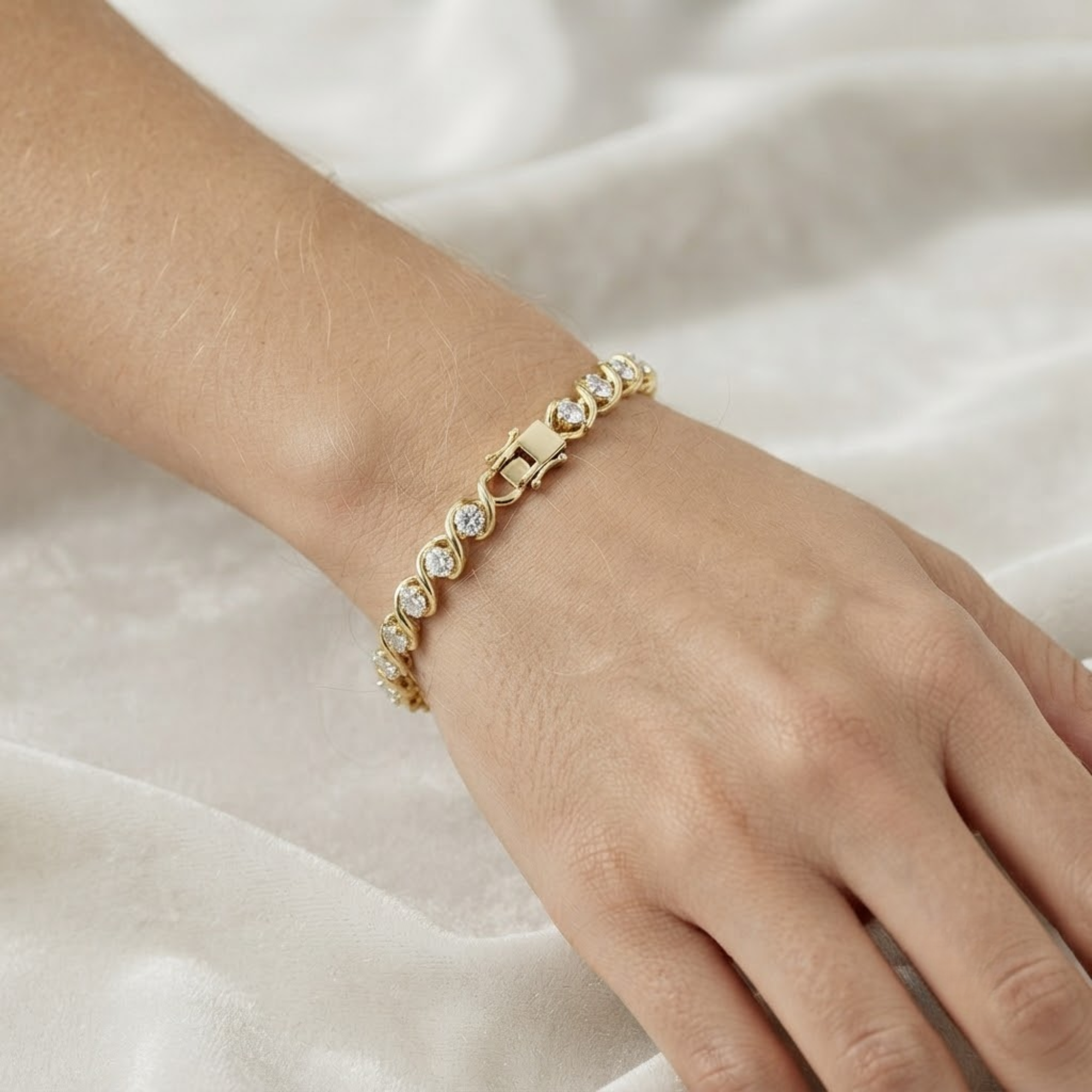 Round Diamond Tennis Bracelet, Twist Link Bracelet in 14K Solid Gold