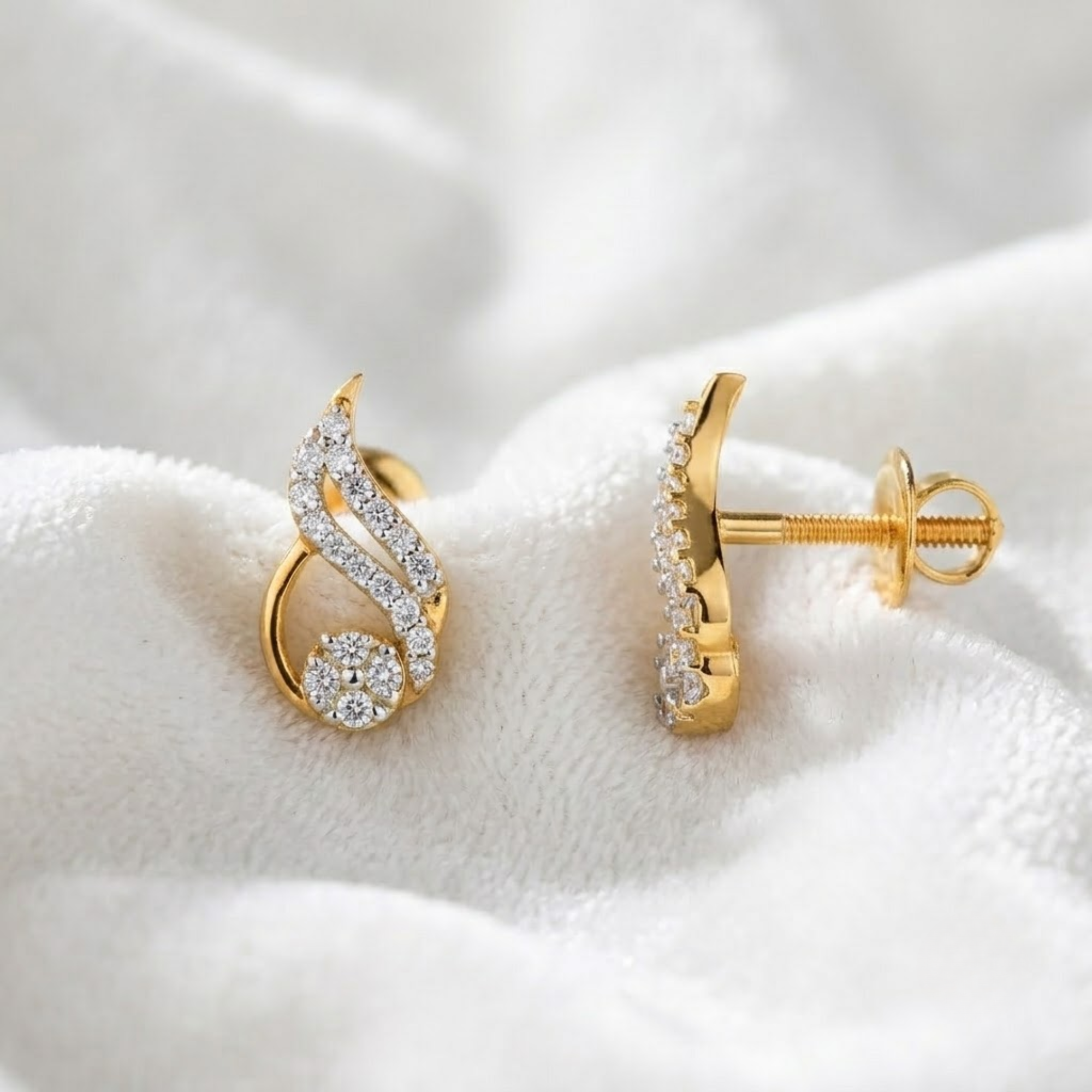 Diamond Leaf Stud Earrings, Swirl Earrings in 14K Solid Gold