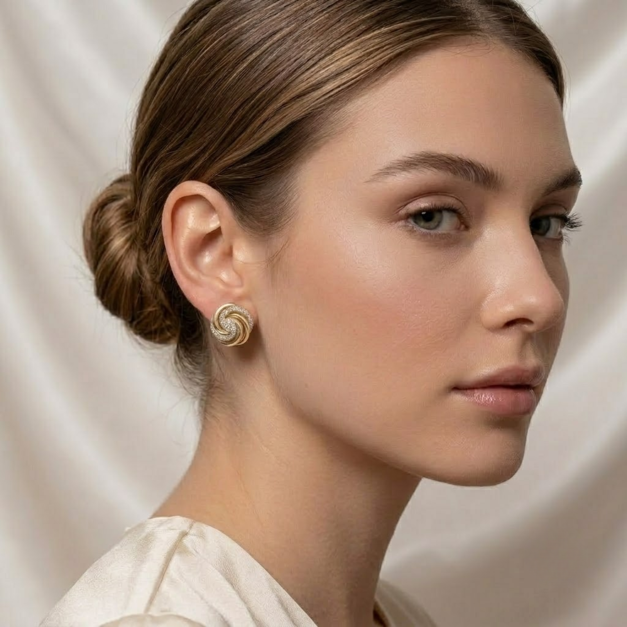 Diamond Swirl Stud Earrings, 14K Solid Gold Pinwheel Earrings