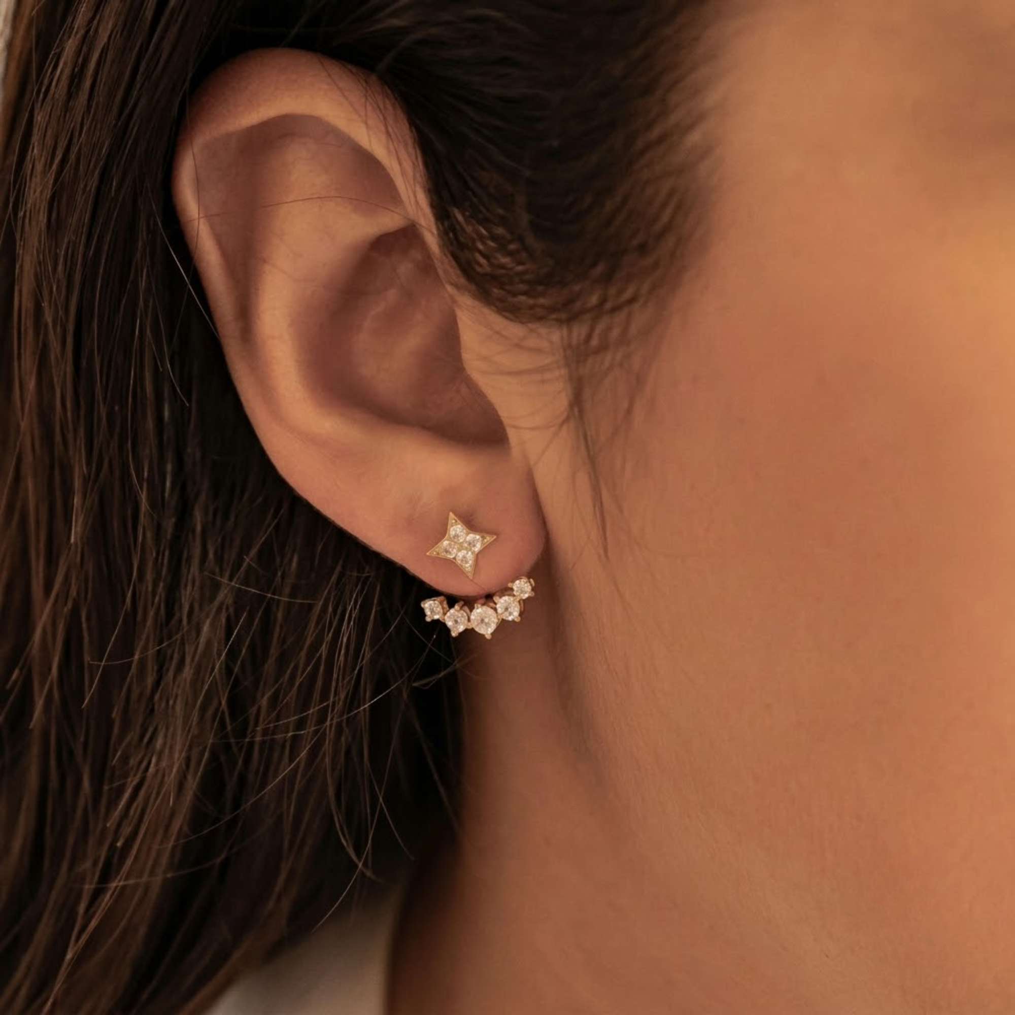 Diamond Star Jacket Earrings, 14K Solid Gold Celestial Studs