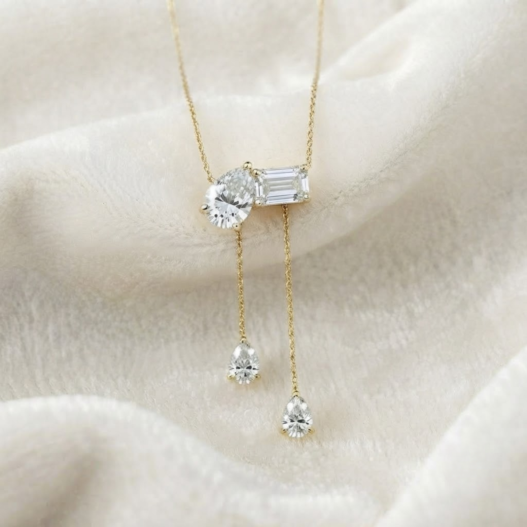 Pear & Emerald Cut Diamond Drop Necklace in 14K Solid Gold