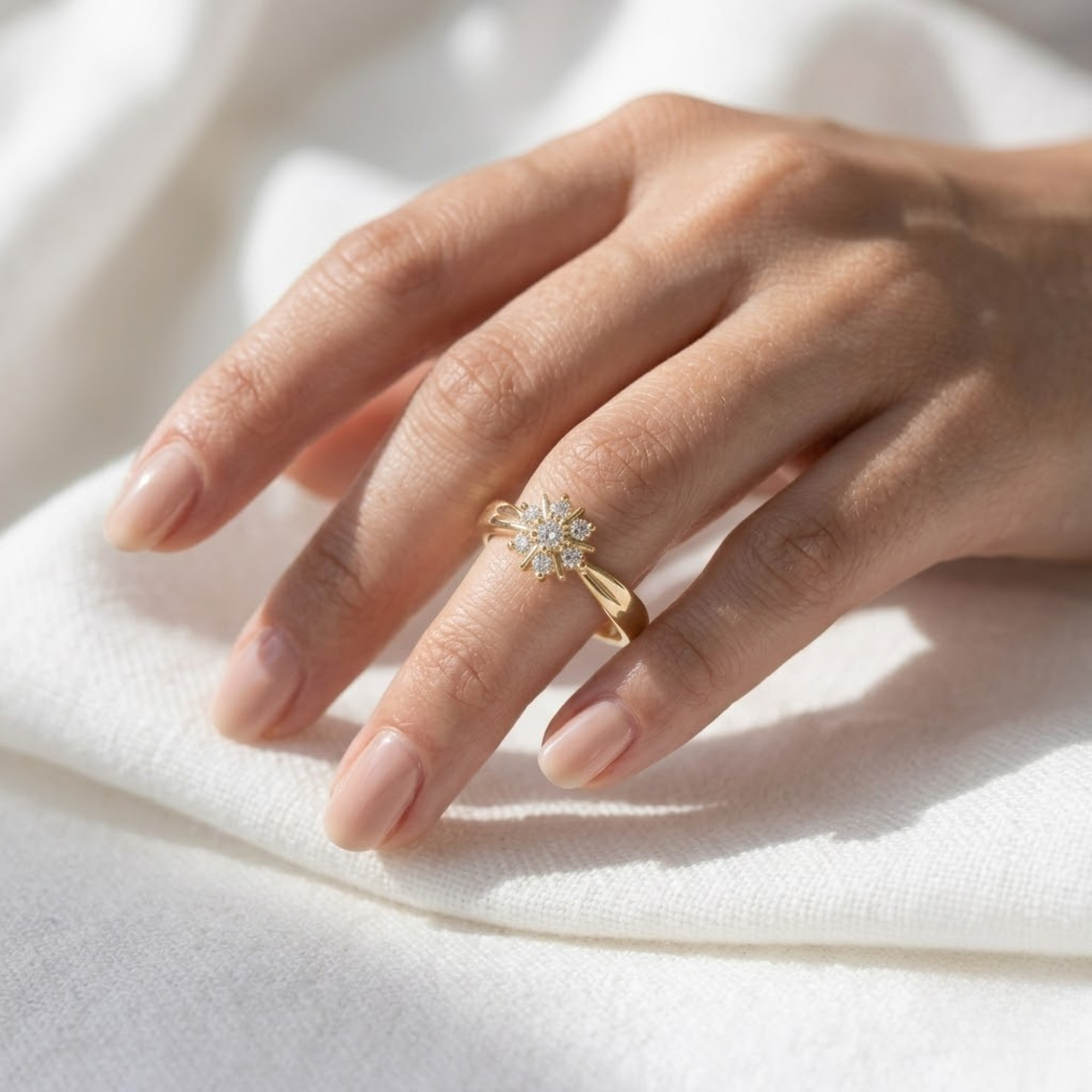 Round Diamond Cluster Ring, Floral Engagement Ring in 14K Solid Gold