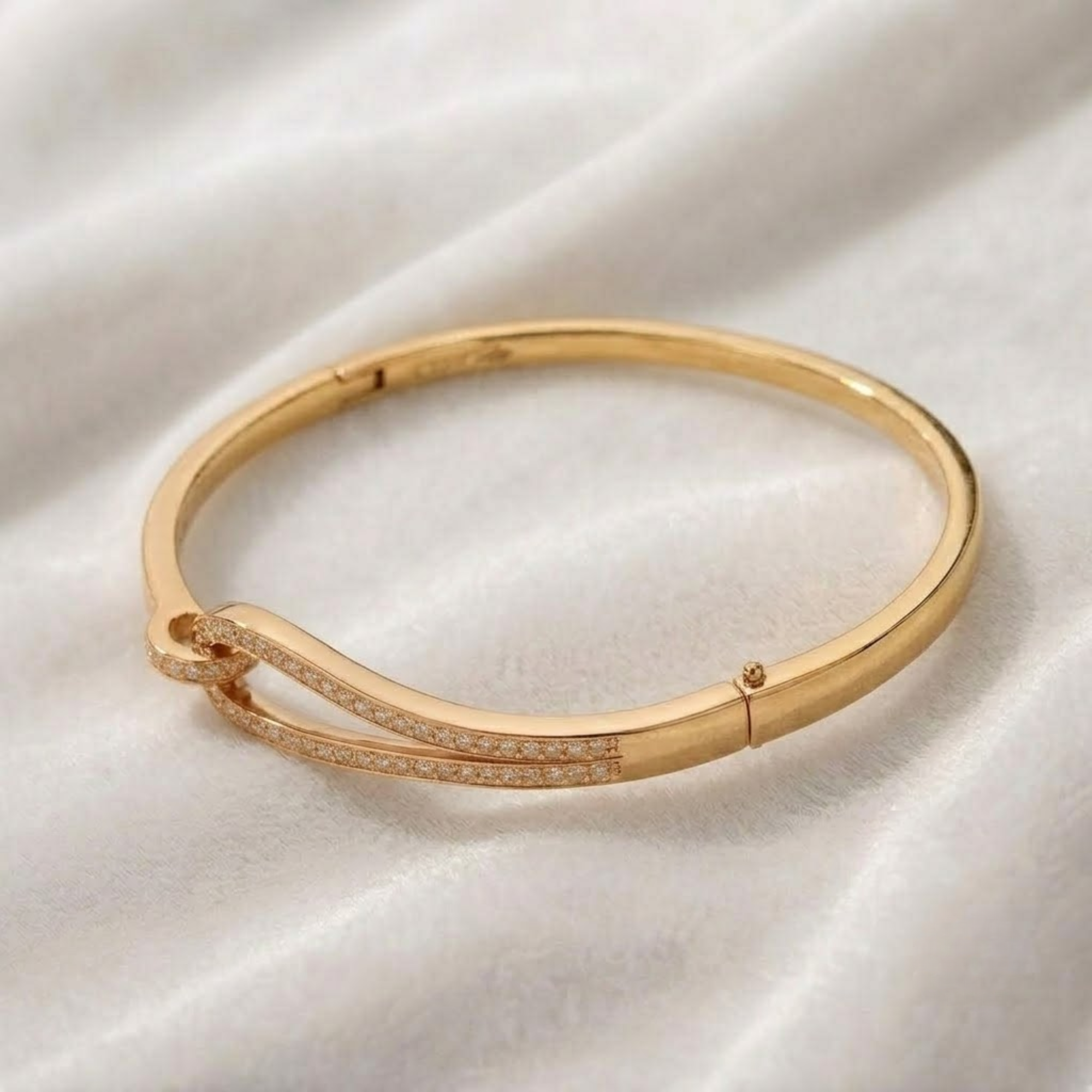 Diamond Crossover Bangle Bracelet, Pave Knot Bracelet in 14K Solid Gold