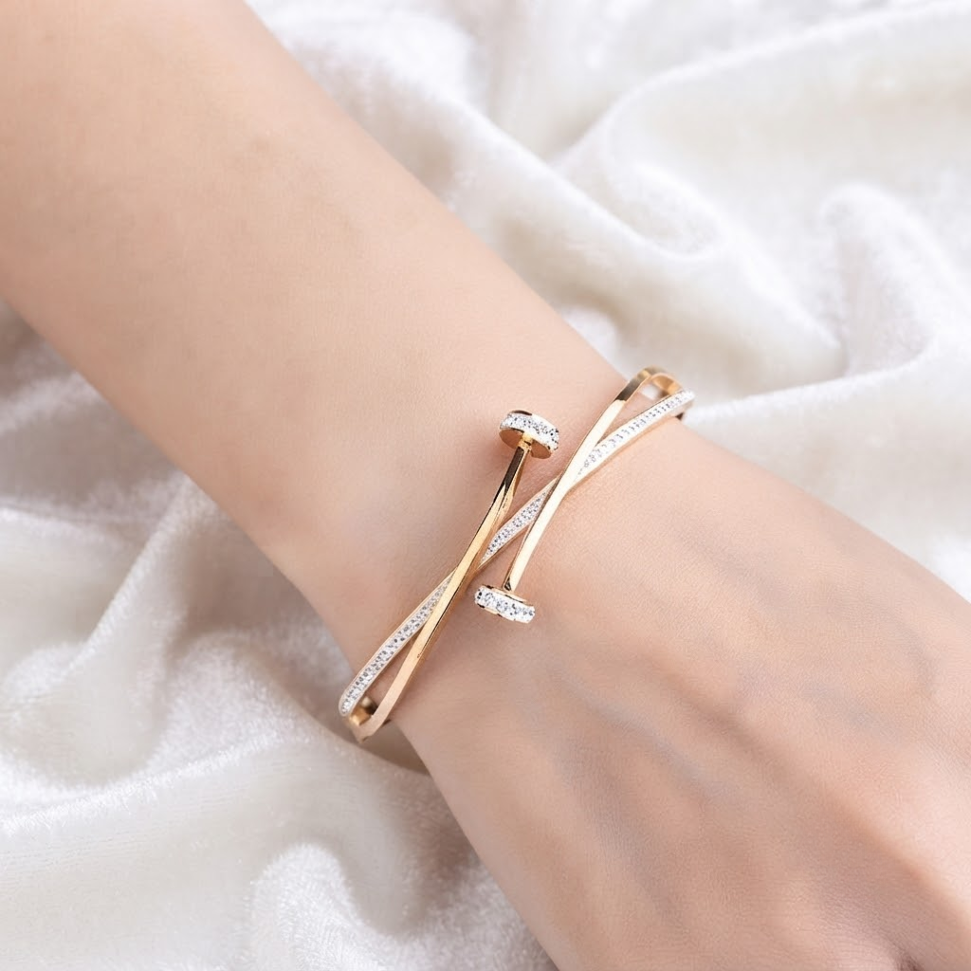 Diamond Crossover Bangle Bracelet, Pave Bypass Bracelet in 14K Solid Gold