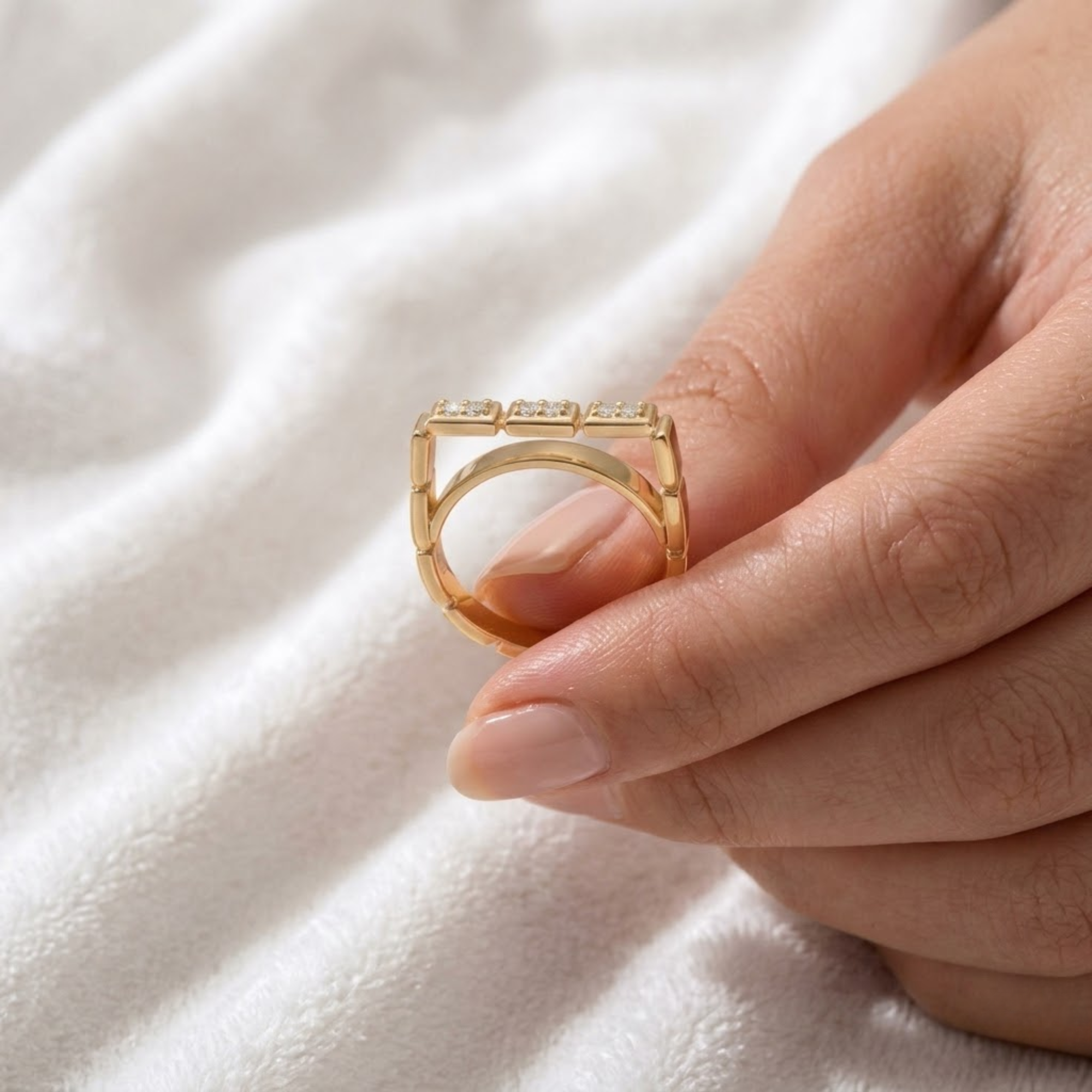 Diamond Band Ring, Geometric Square Link Ring in 14K Solid Gold