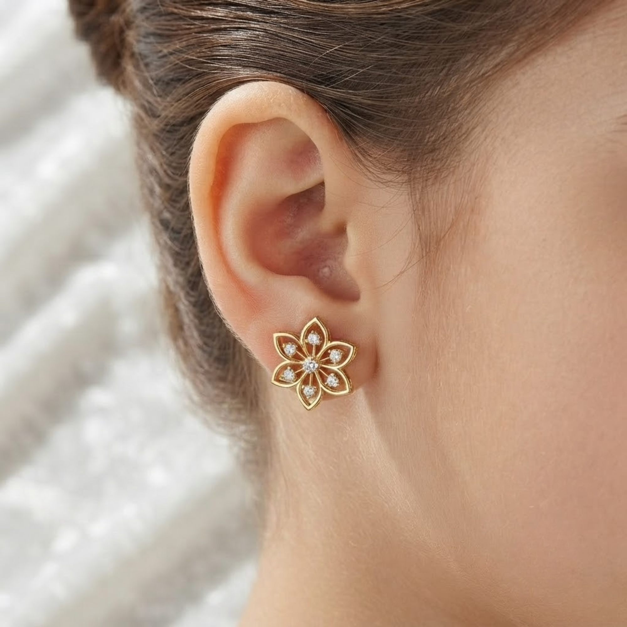 Diamond Flower Stud Earrings, Floral Earrings in 14K Solid Gold