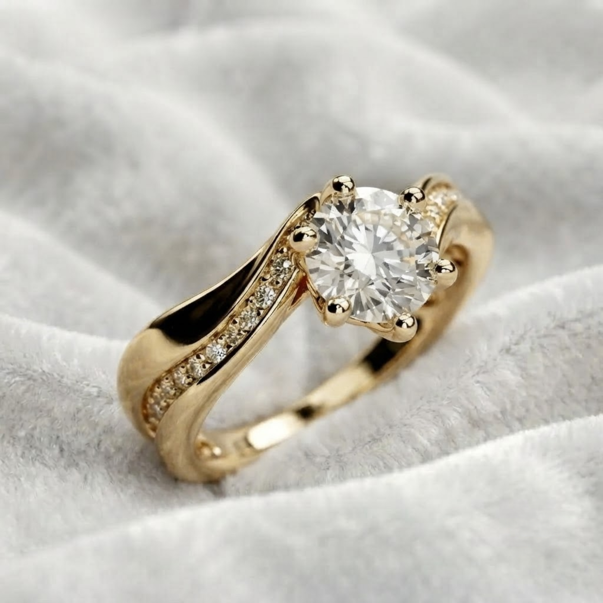 1 CT Round Diamond Engagement Ring, Twist Pave Ring in 14K Solid Gold