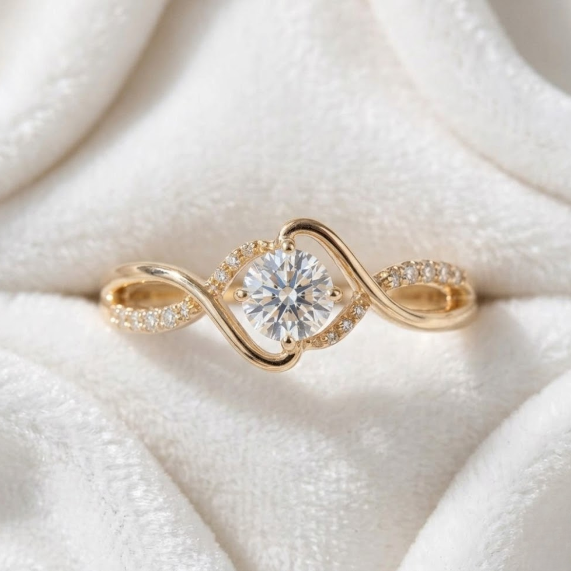 Round Diamond Engagement Ring, Infinity Twist Ring in 14K Solid Gold