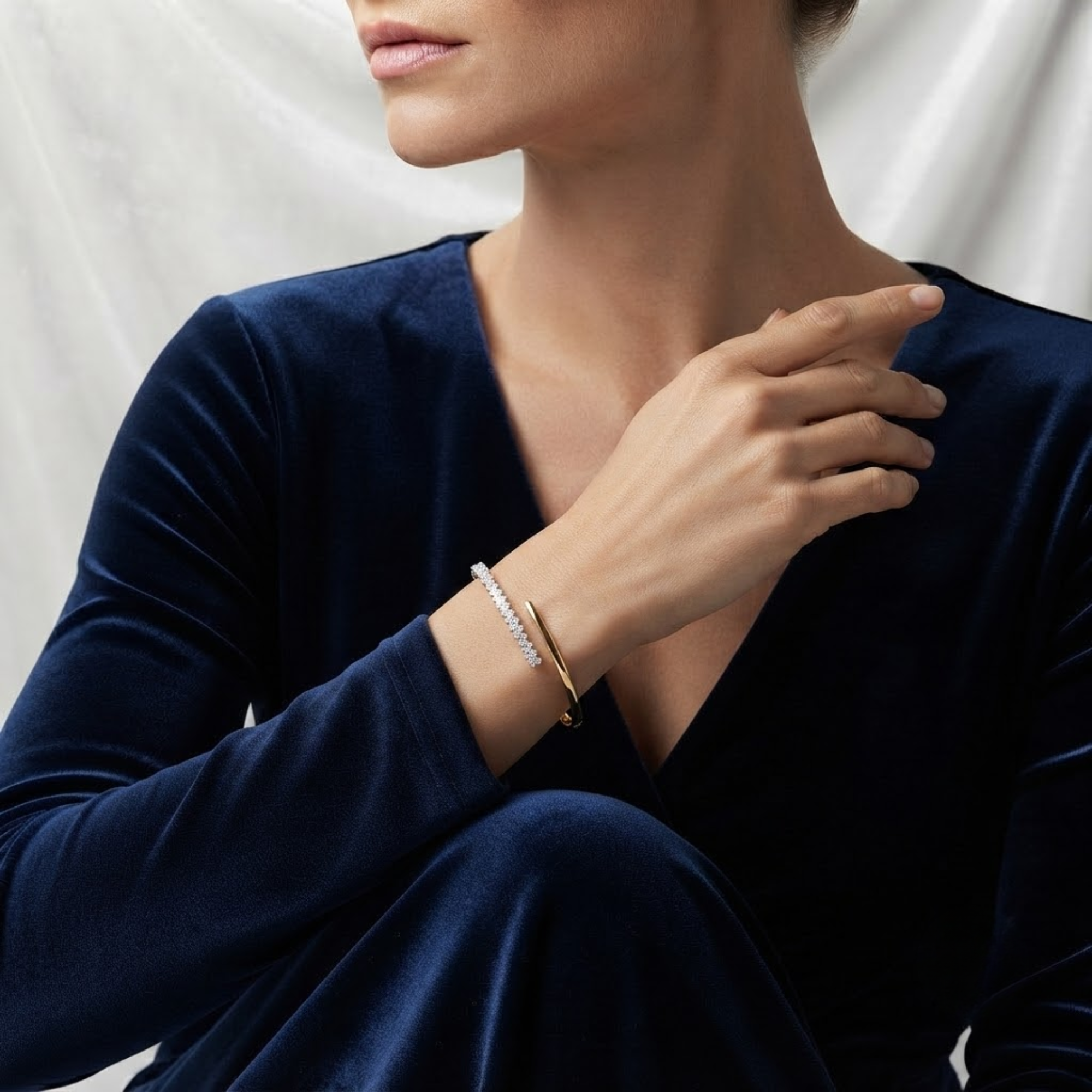 Round Diamond Open Cuff Bangle Bracelet in 14K Solid Gold