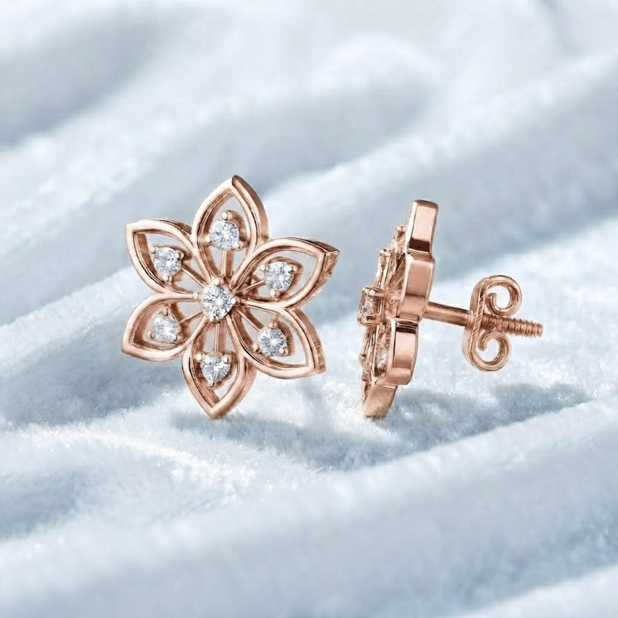 Diamond Flower Stud Earrings, Floral Earrings in 14K Solid Gold