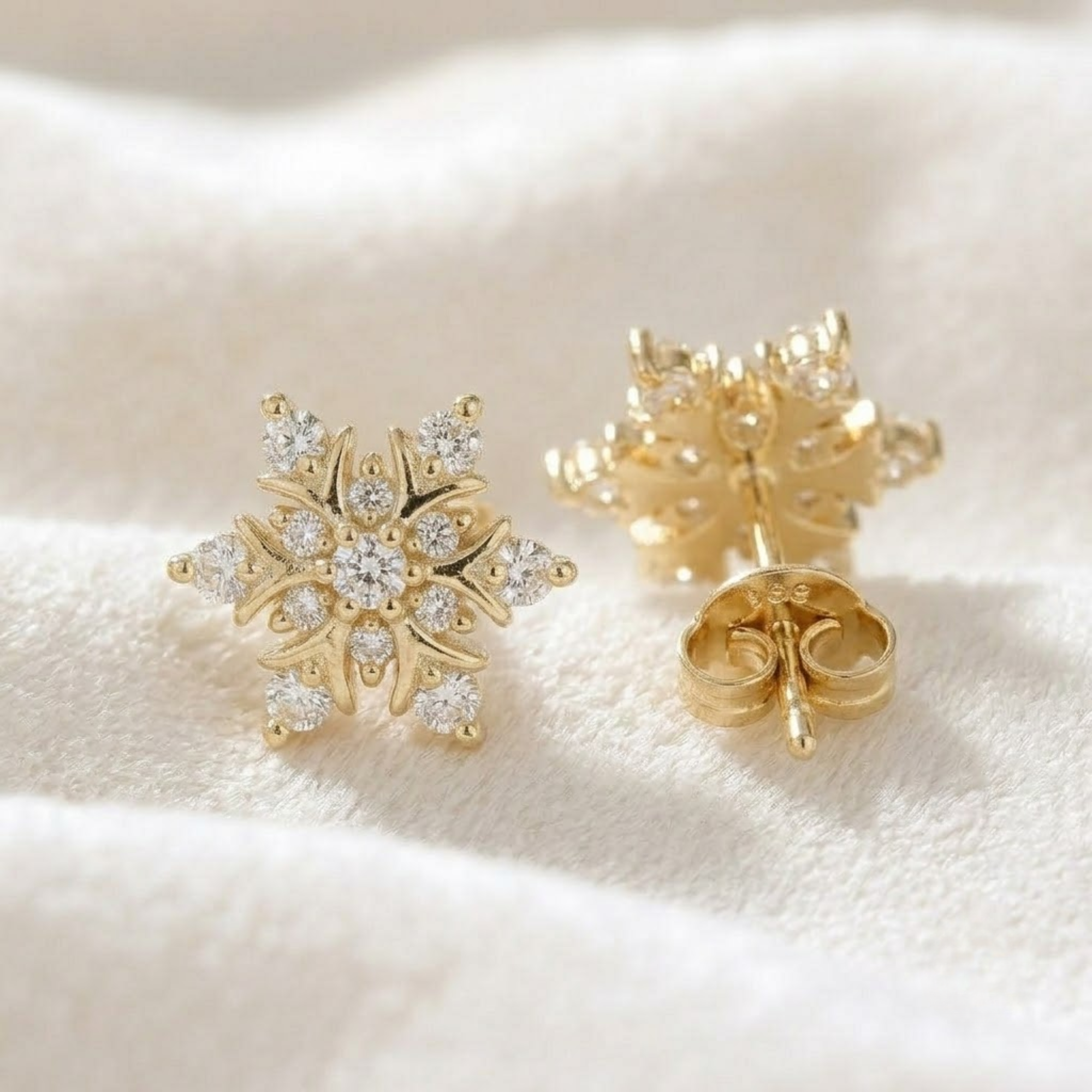 Diamond Flower Stud Earrings, 14K Solid Gold Starburst Earrings