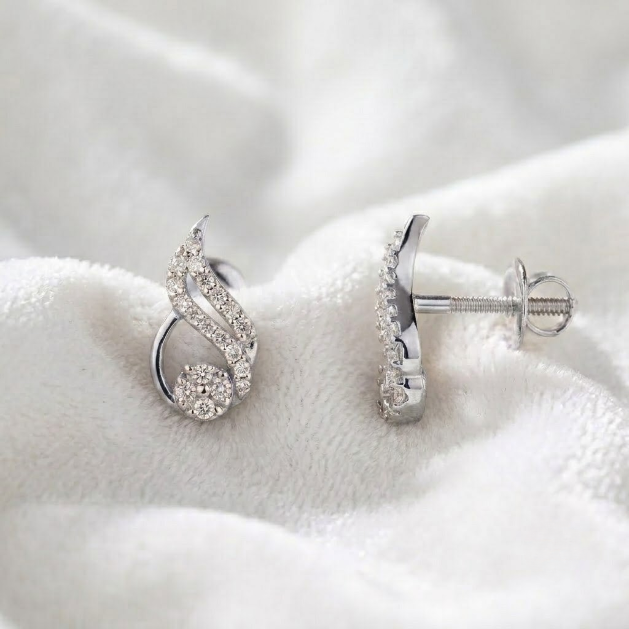 Diamond Leaf Stud Earrings, Swirl Earrings in 14K Solid Gold