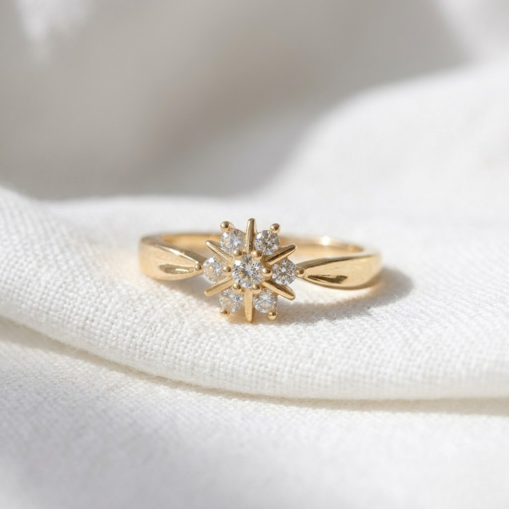 Round Diamond Cluster Ring, Floral Engagement Ring in 14K Solid Gold