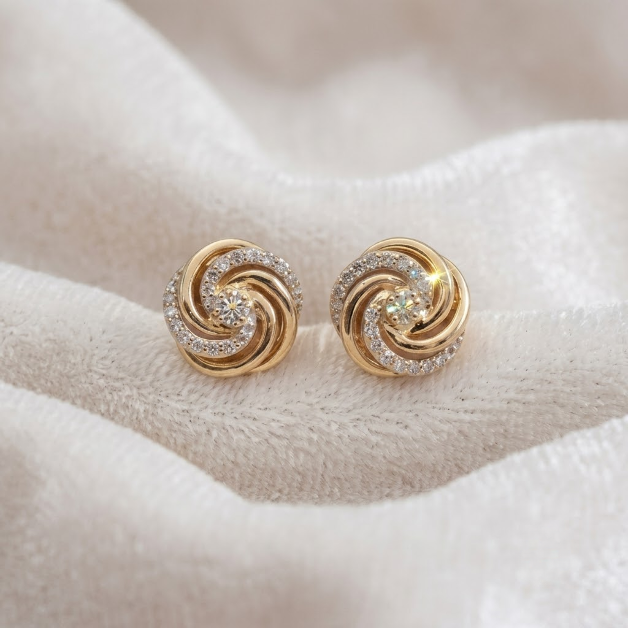 Diamond Swirl Stud Earrings, 14K Solid Gold Pinwheel Earrings