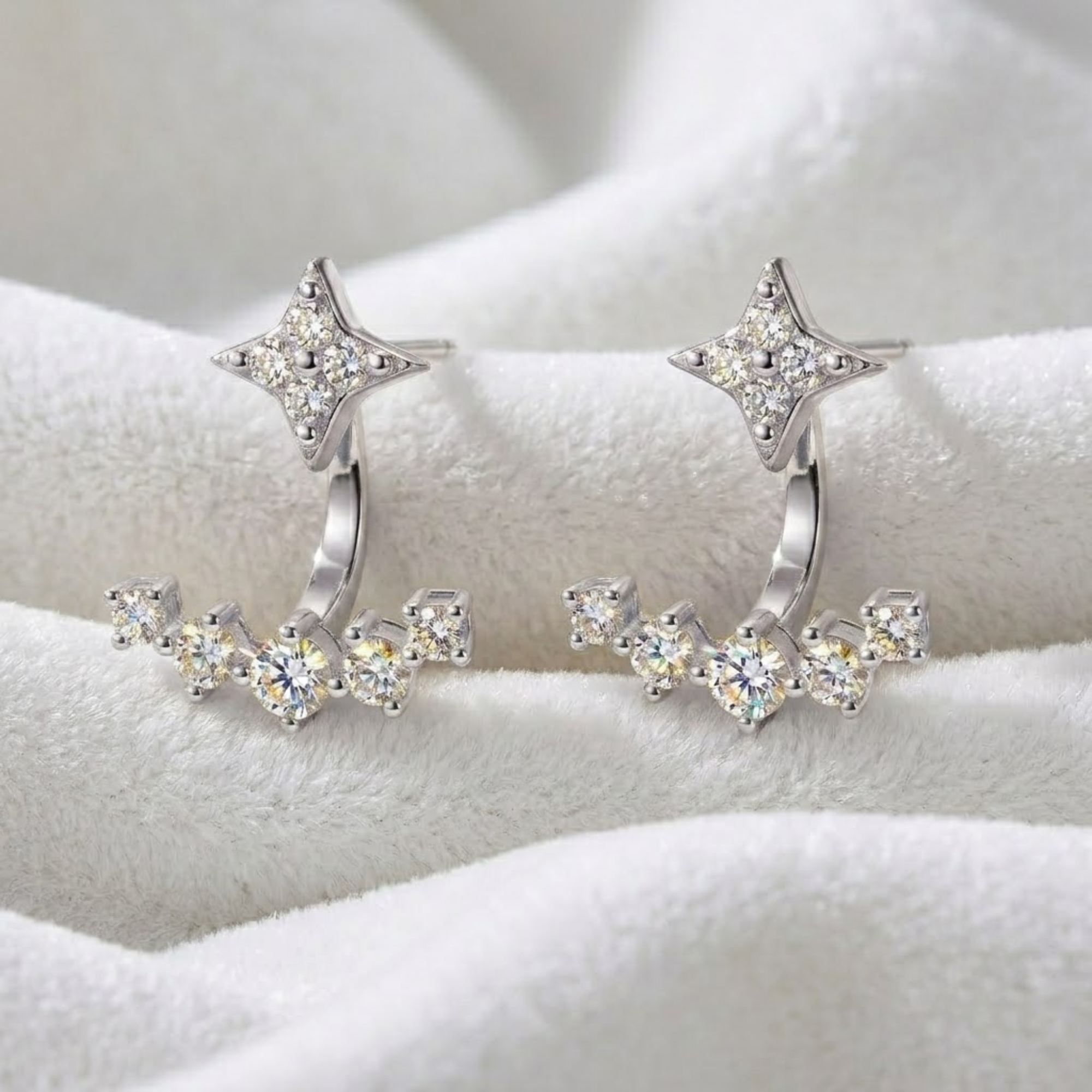 Diamond Star Jacket Earrings, 14K Solid Gold Celestial Studs