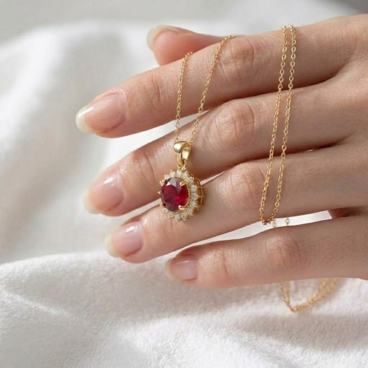 Gold Round Cut Ruby Necklace