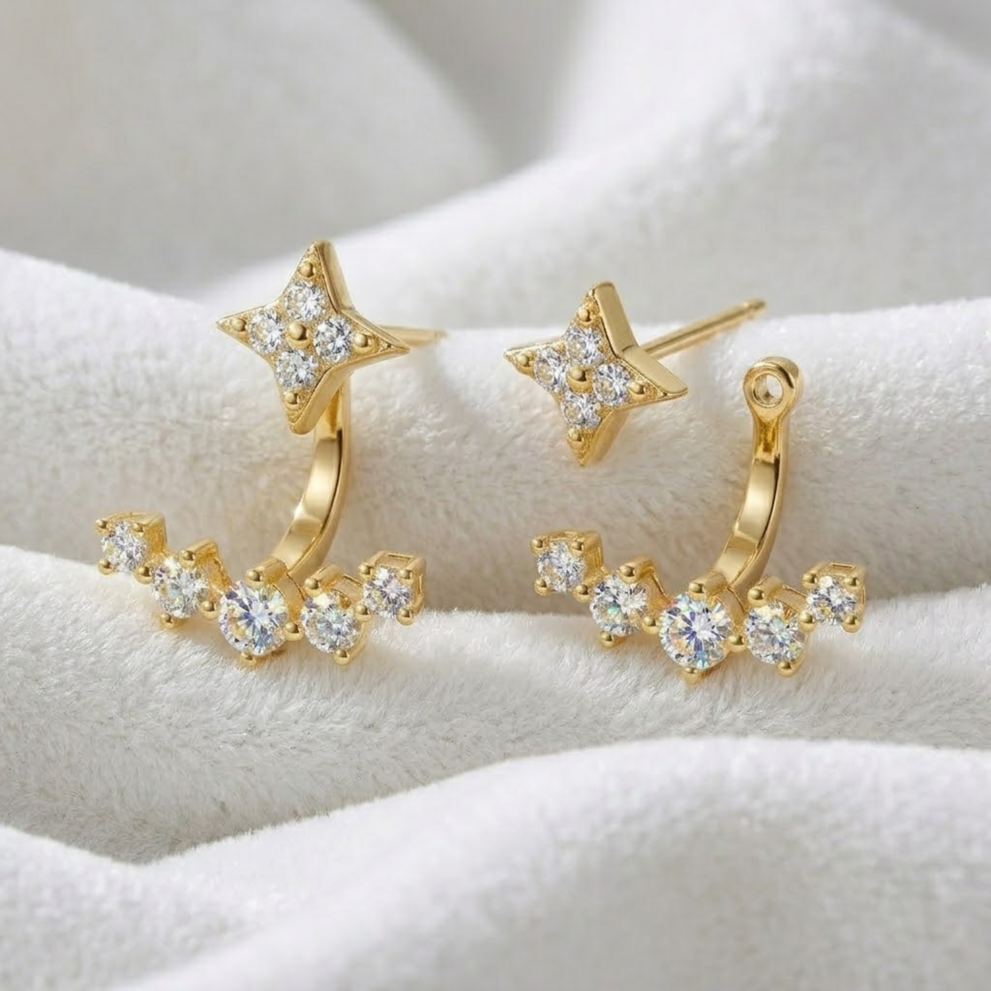 Diamond Star Jacket Earrings, 14K Solid Gold Celestial Studs