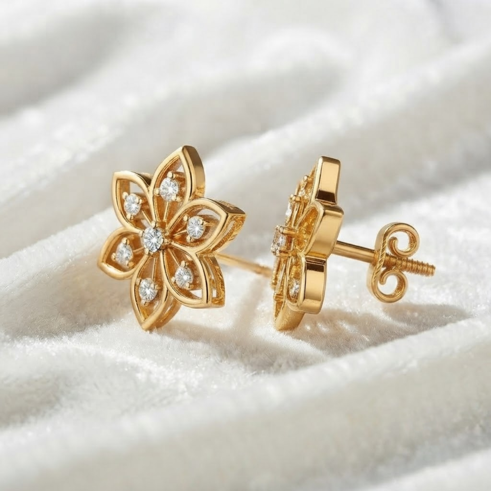 Diamond Flower Stud Earrings, Floral Earrings in 14K Solid Gold