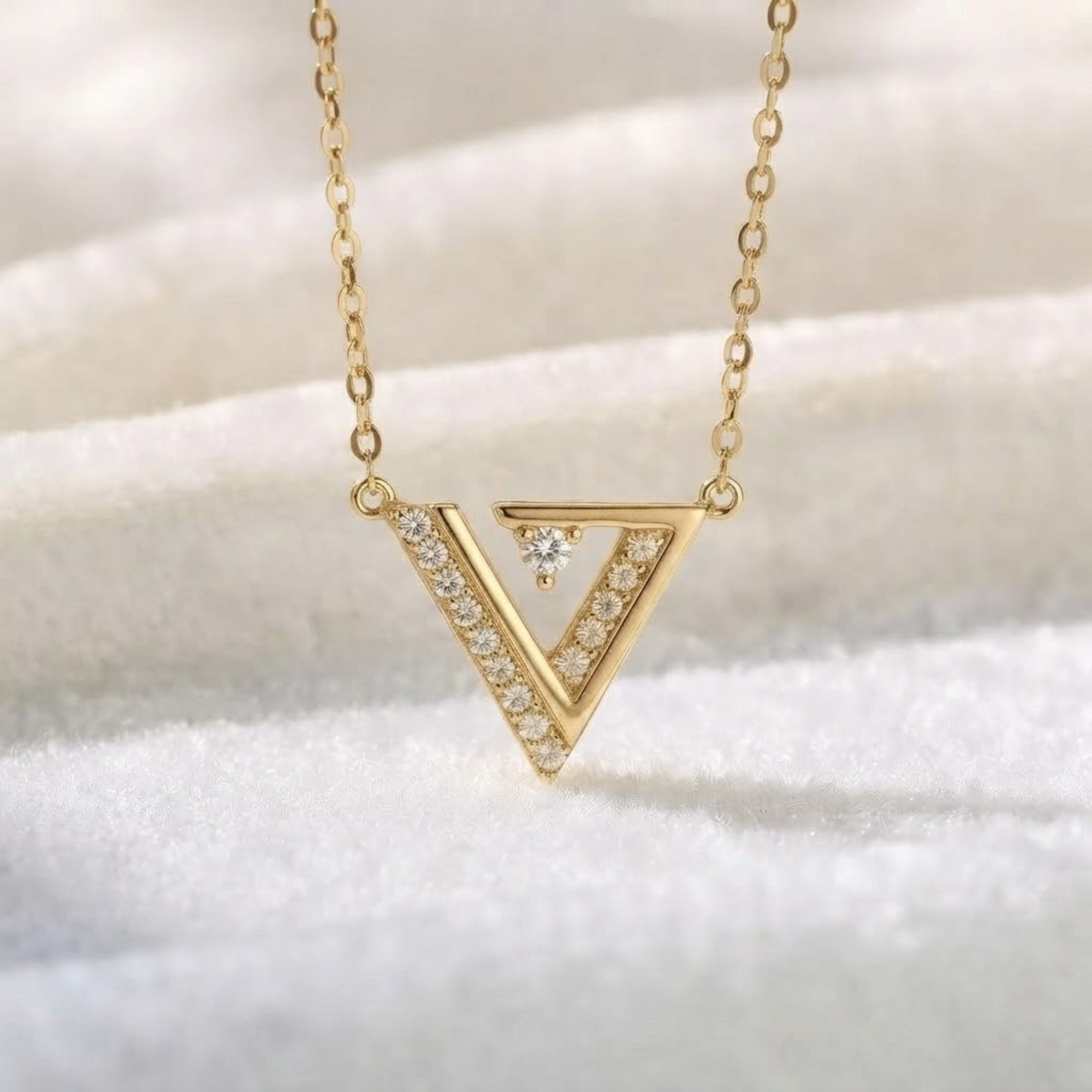 Diamond V Pendant Necklace, 14K Solid Gold Geometric Necklace