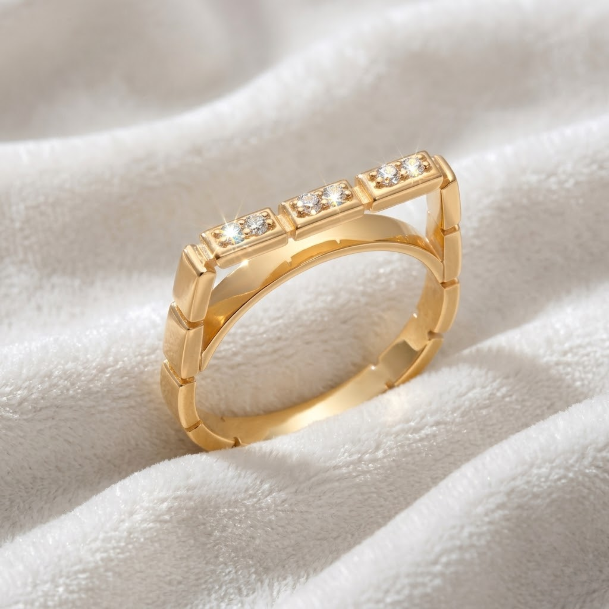 Diamond Band Ring, Geometric Square Link Ring in 14K Solid Gold