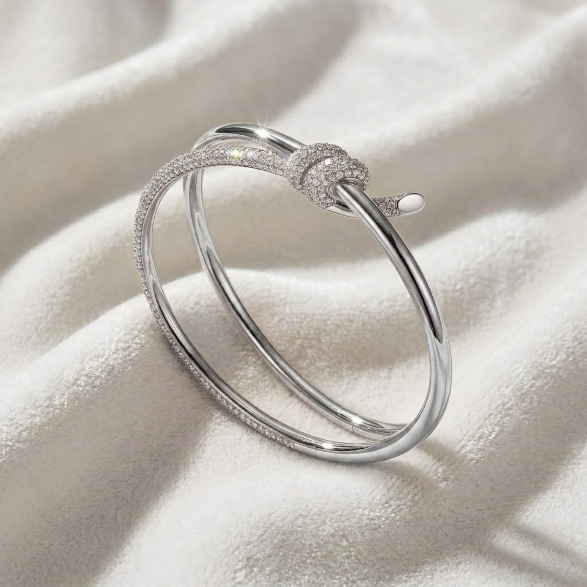Diamond Knot Bangle Bracelet, Double Row Pave Bracelet in 14K Solid Gold