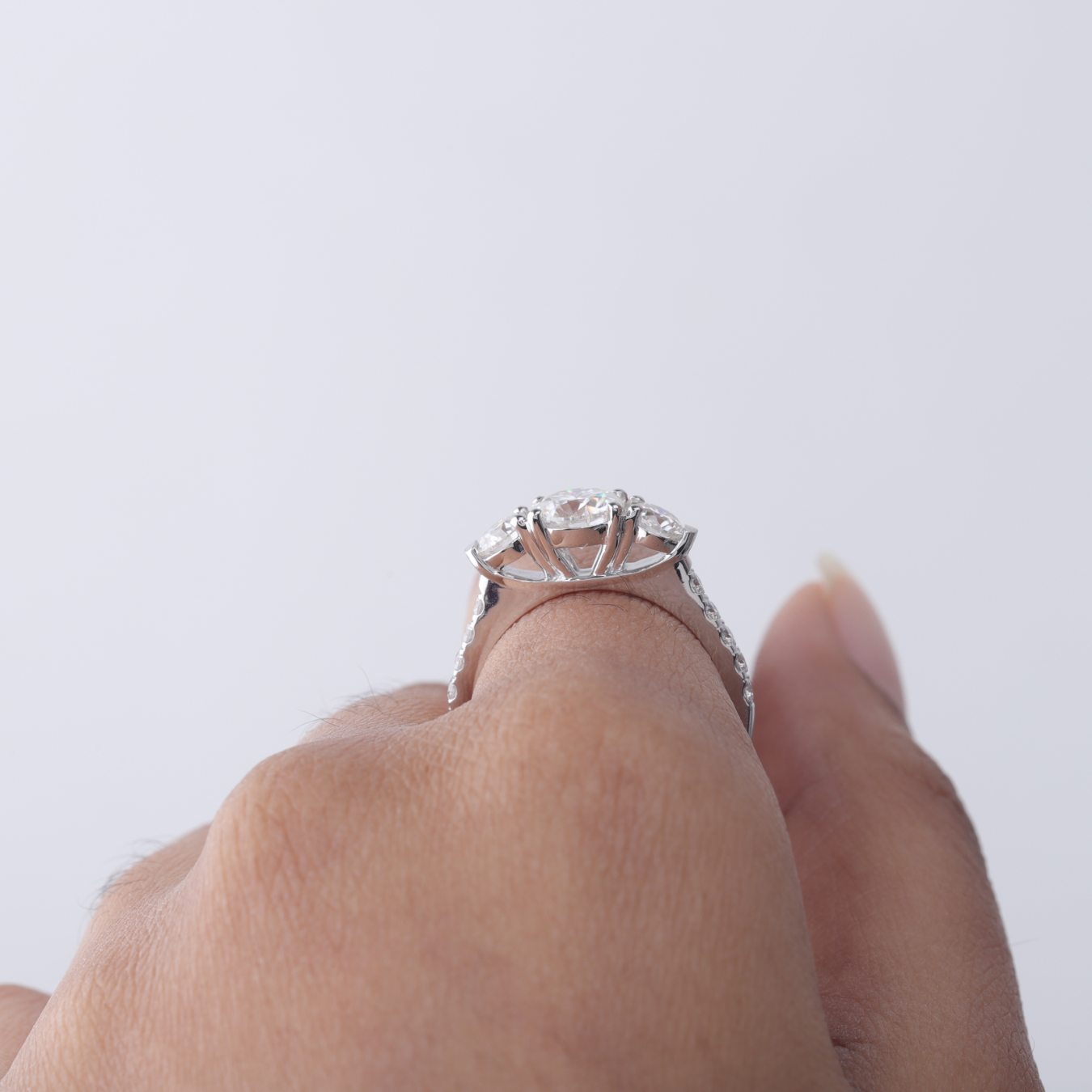 14K Gold Round Cut Three Stone with Pave Shank Engagement Ring