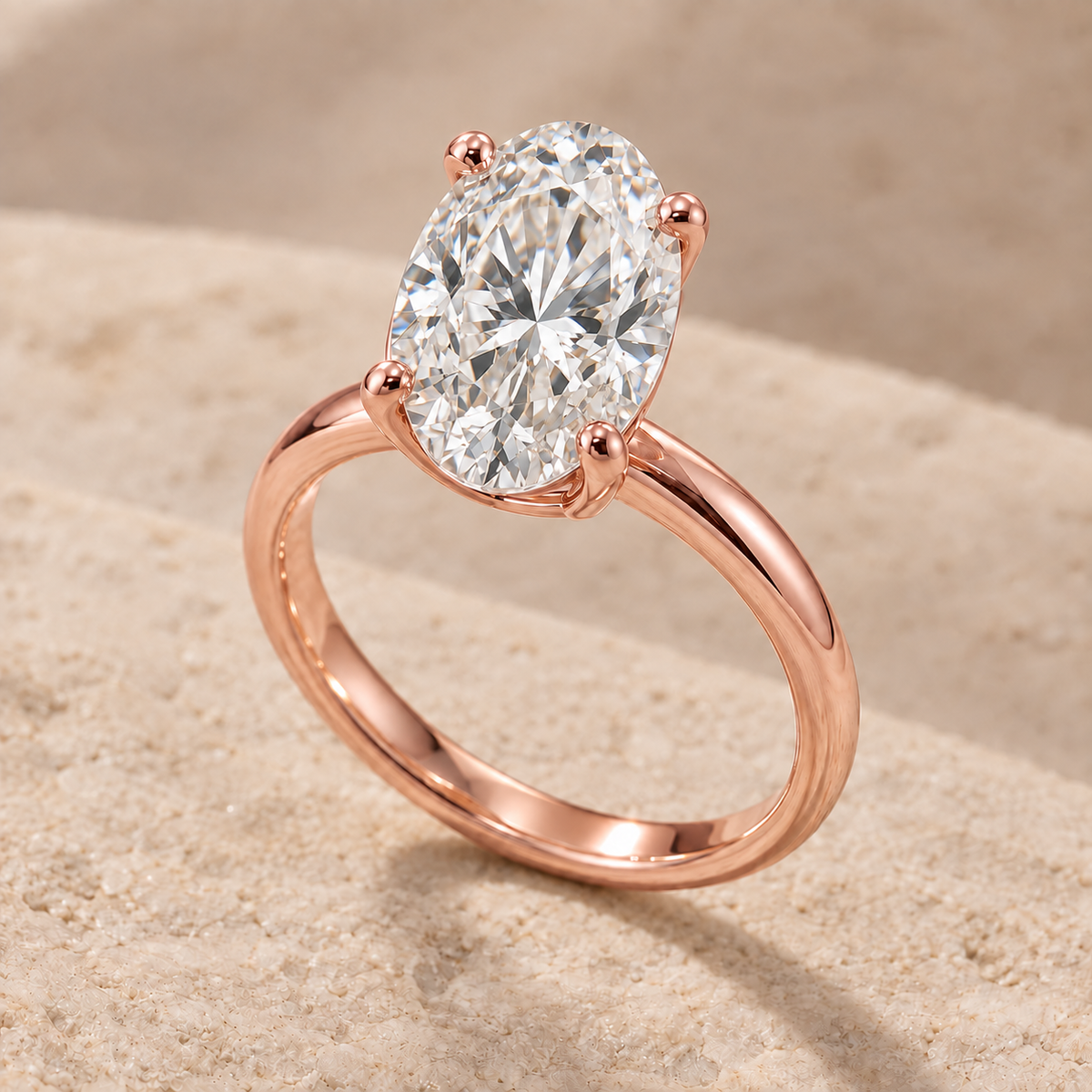 AI-generated preview of a 2 ct oval lab-grown diamond solitaire ring in 14K rose gold on an ivory stone surface.