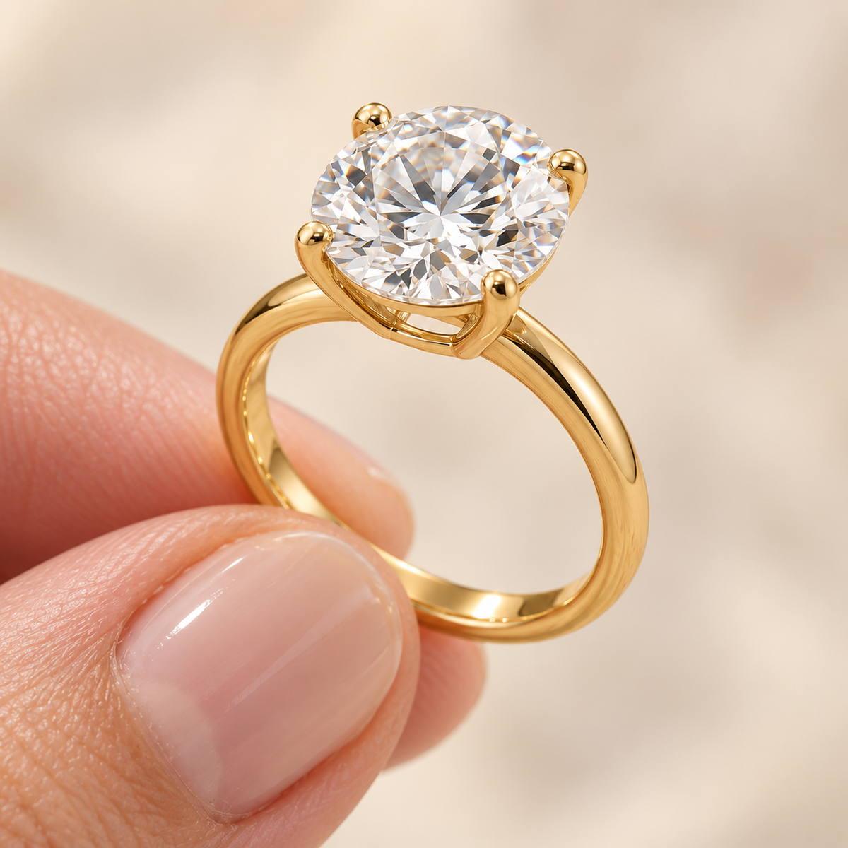 AI-generated detail view of the yellow gold round diamond solitaire ring held between fingertips.