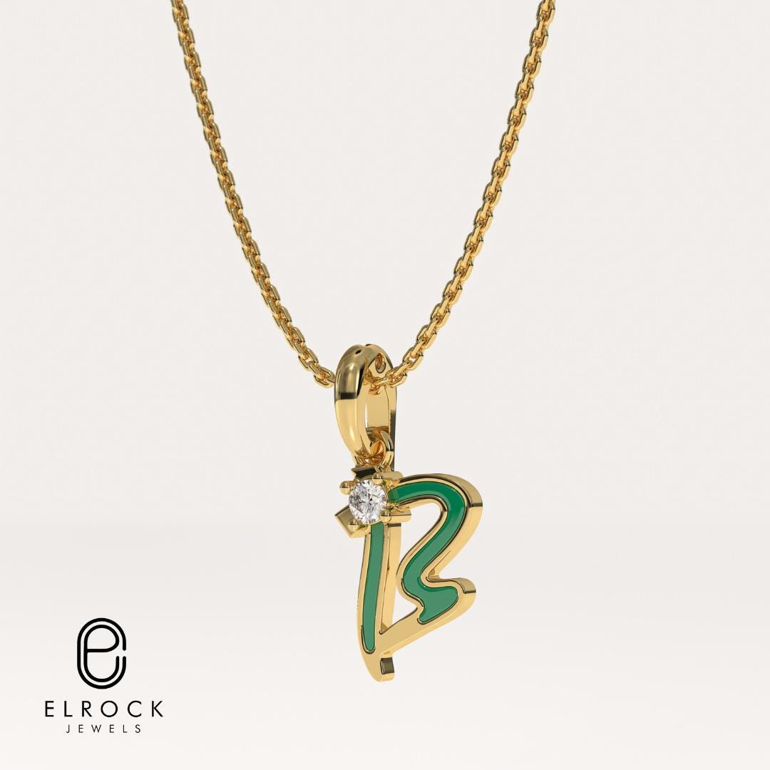 Green Enamel Letter Charms, "B" Diamond Letter Pendant