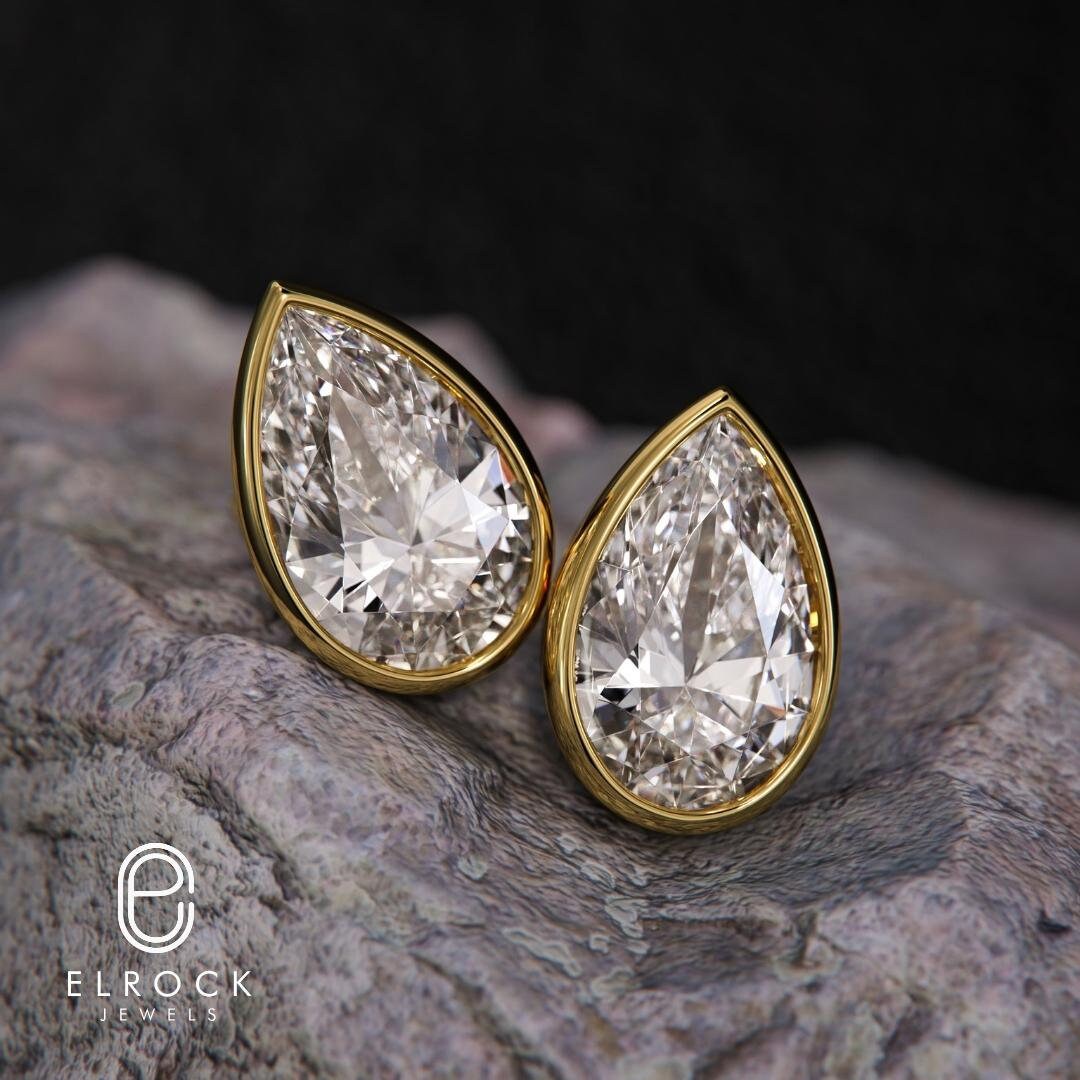 14K Bezel Set Pear Shape Lab Grown Diamond Stud Earrings