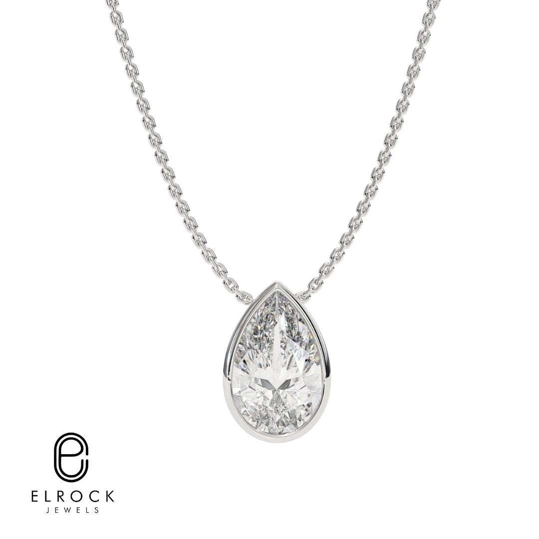 14K Pear Cut Lab Diamond Solitaire Pendant / 14K Yellow Gold Bezel Set Diamond Pendant