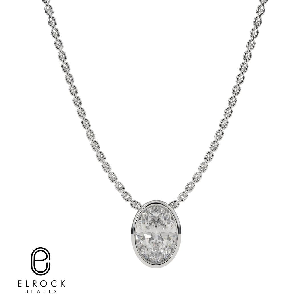 14K Oval Lab Grown Diamond Solitaire Bezel Set Diamond Gold Pendant, Wedding Gift For Bride, 14K White Gold Pendant