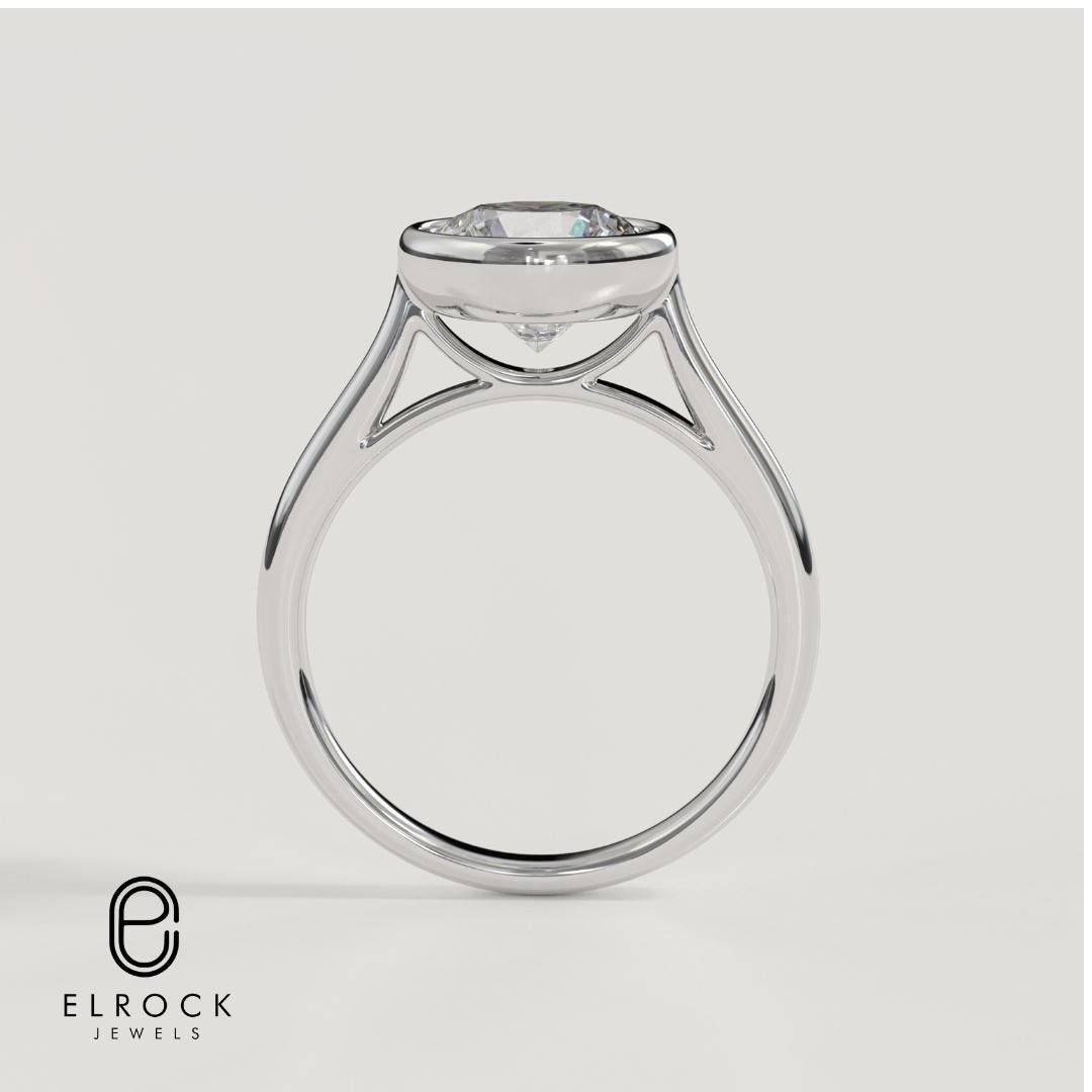 14K Solid Gold 2CT Lab Grown Diamond Bezel Engagement Ring