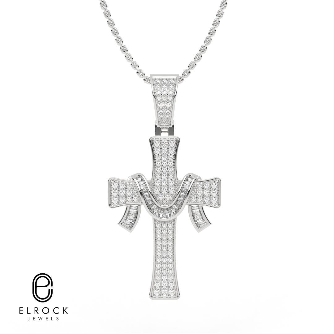 14K Round Cut Lab Grown Diamond Cross Look Stone Pendant, 14K Solid White Gold Pendant, CVD Diamond With Pendant, Anniversary Women Gift