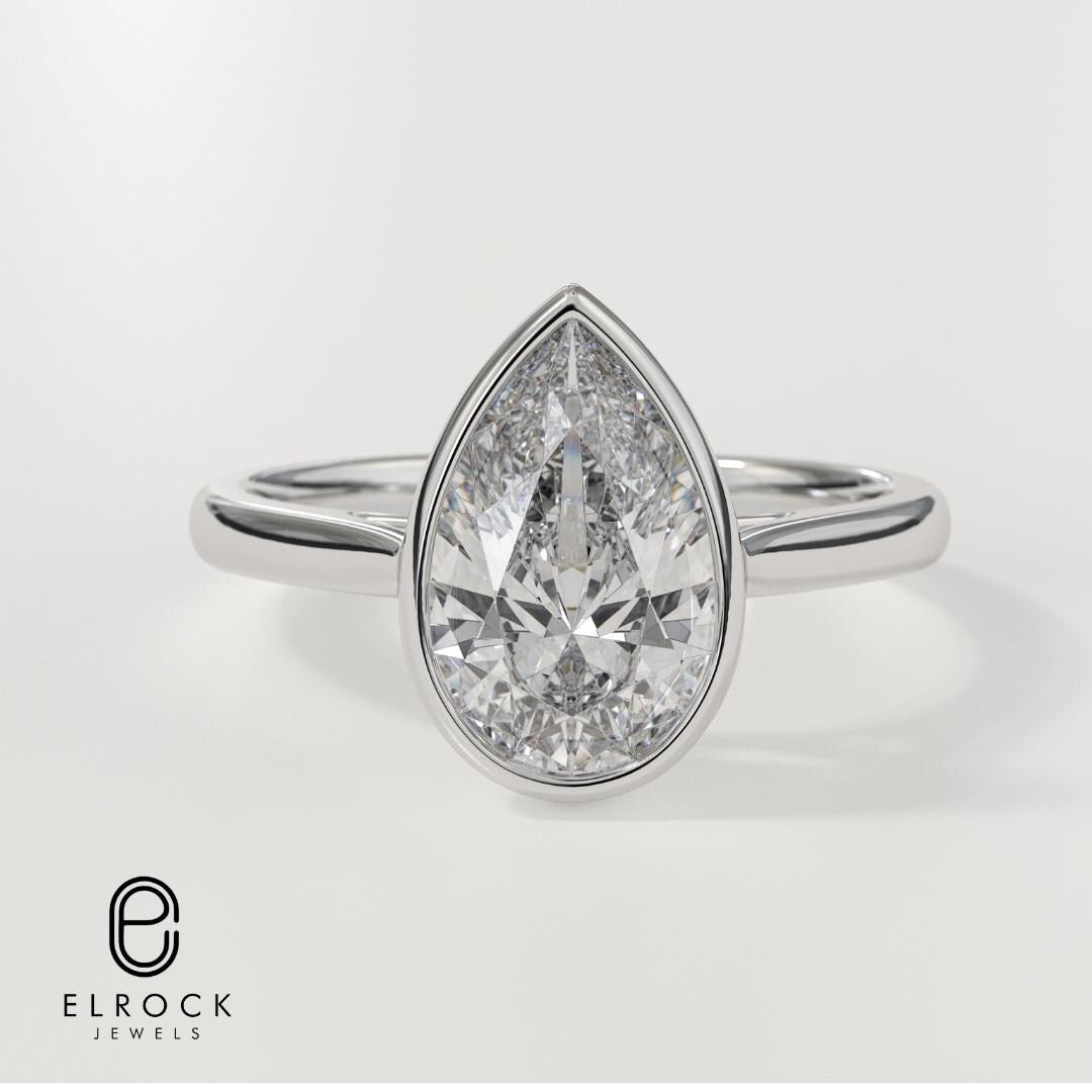 14K Solid Gold 1 CT Pear Cut Lab Grown Solitaire Engagement Ring