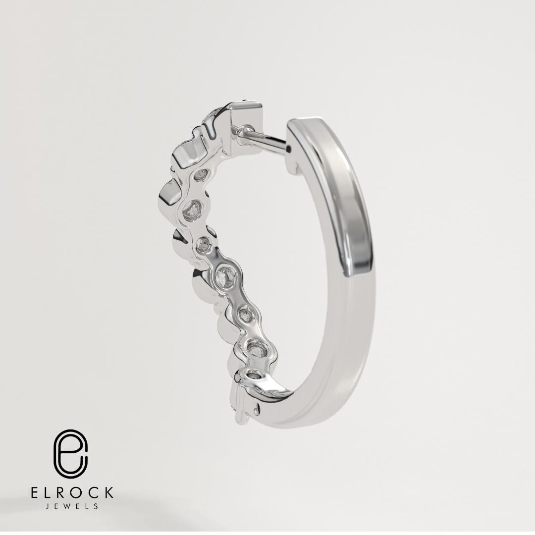 14K Solid Yellow Gold Lock Lab Created Diamond Hoop Earrings