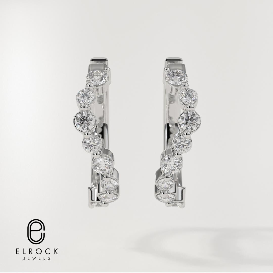 14K Solid Yellow Gold Lock Lab Created Diamond Hoop Earrings