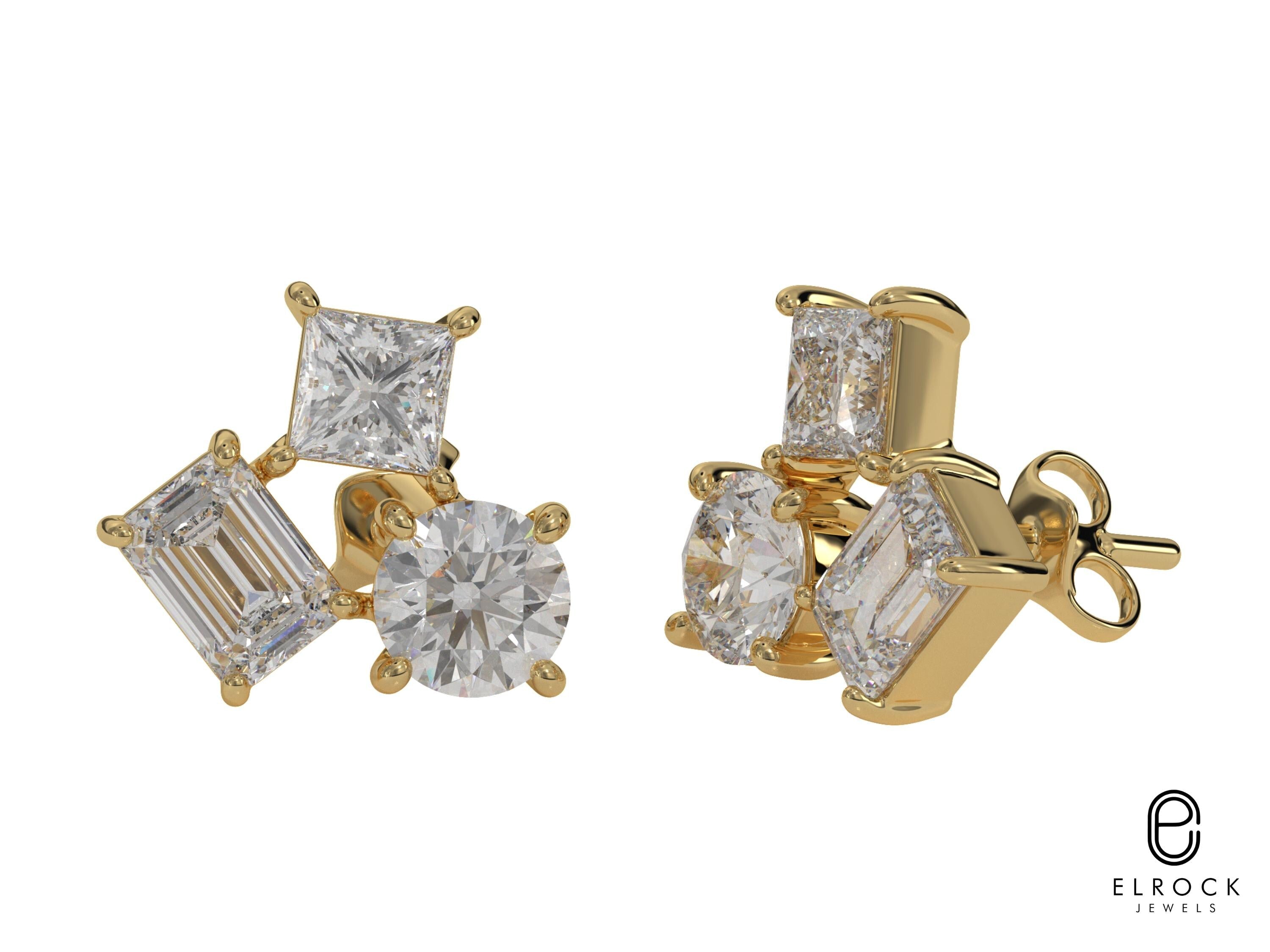14K Gold Trio Cluster Stud Earrings
