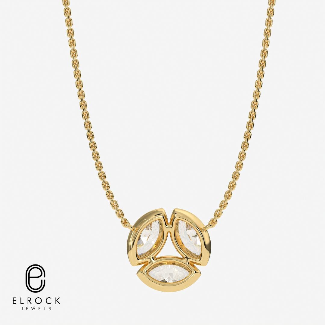 14K Solid Gold Three Marquise Cut Lab-Grown Diamond Necklace